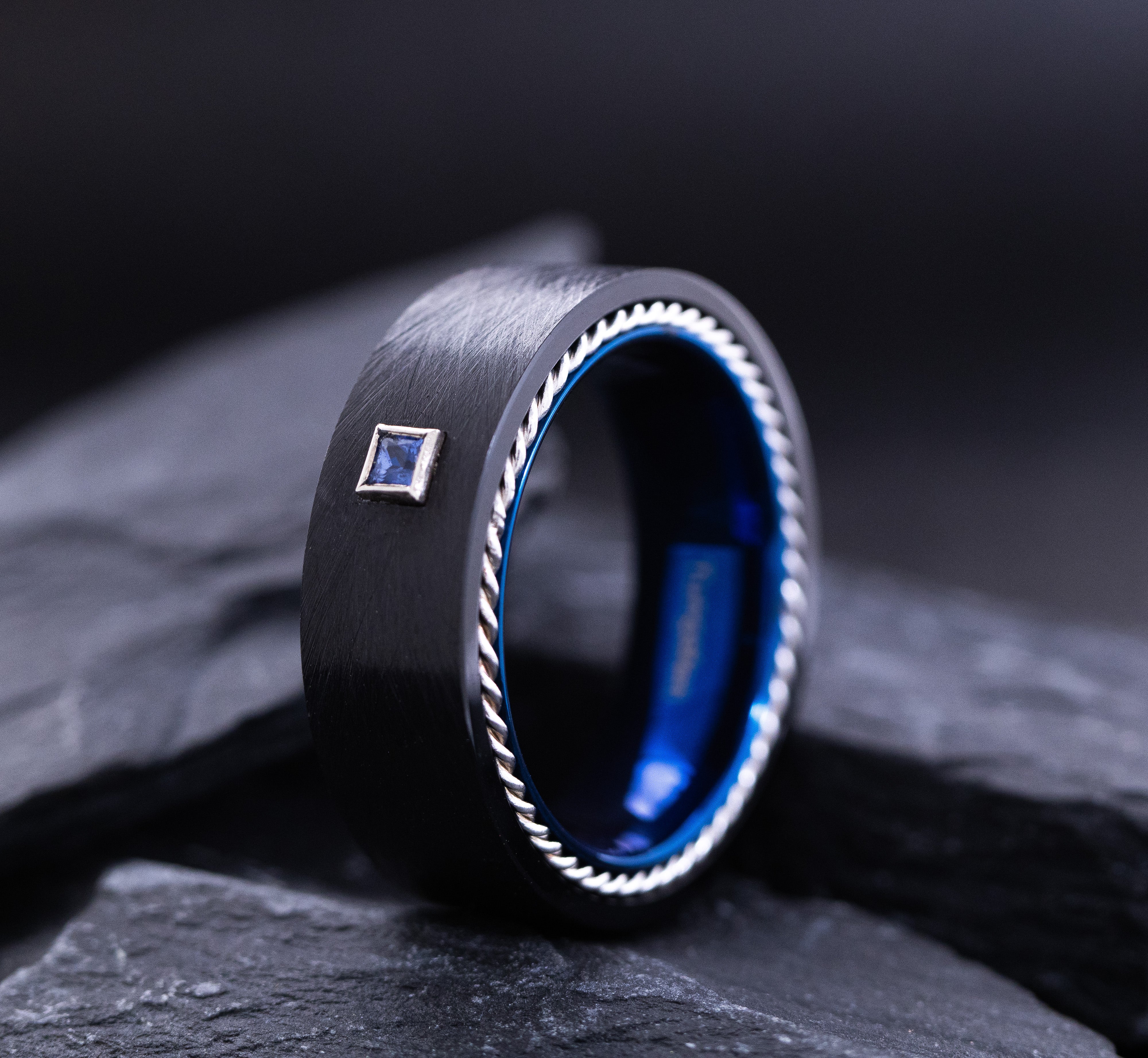 8mm Flat Blue and Black Tungsten Carbide Ring with Gemstone and Twisted Rope Edges