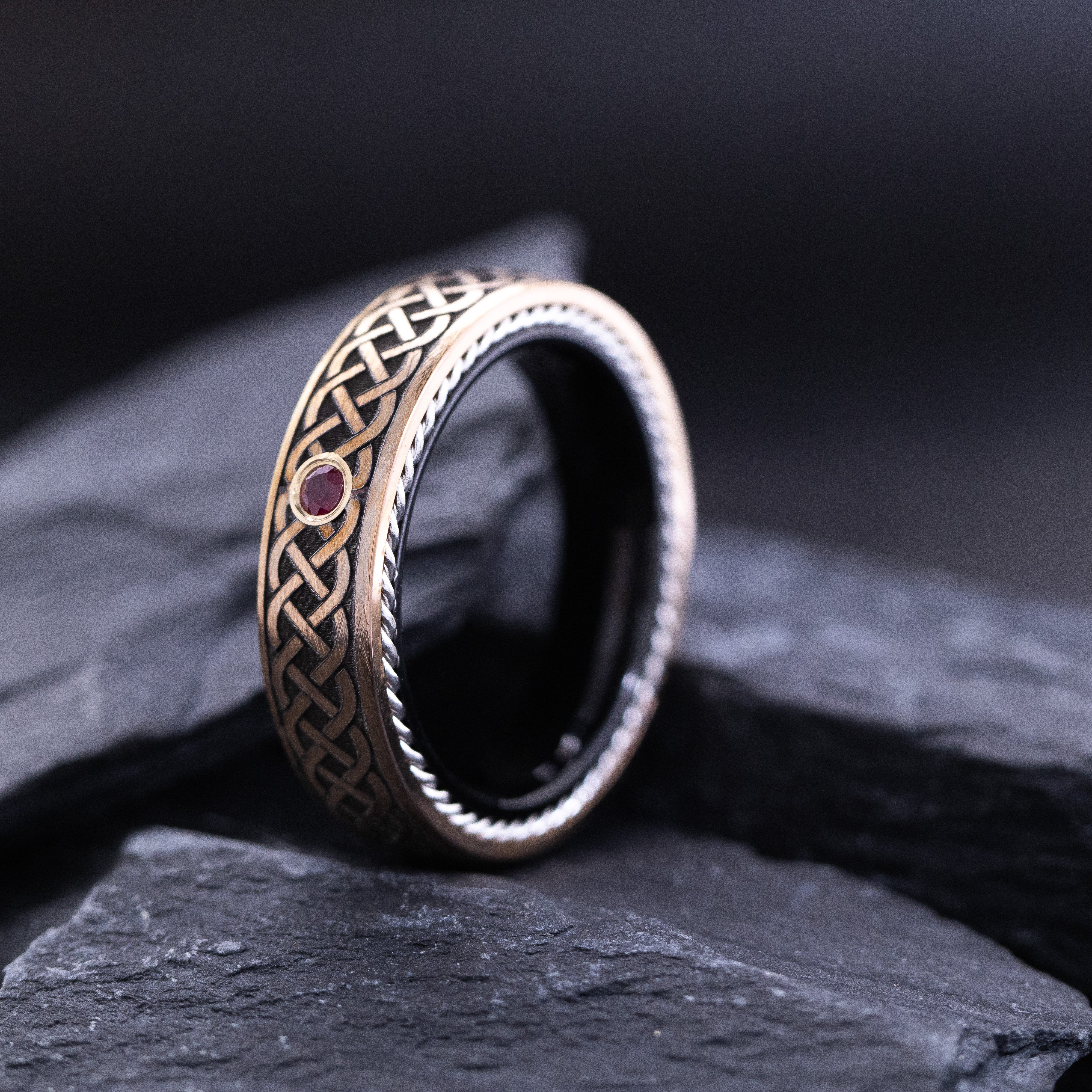 Rose Gold Plated 6mm Black Tungsten Carbide Ring With Round Cut Gemstone, Braided Edges and Deep Celtic Engraving