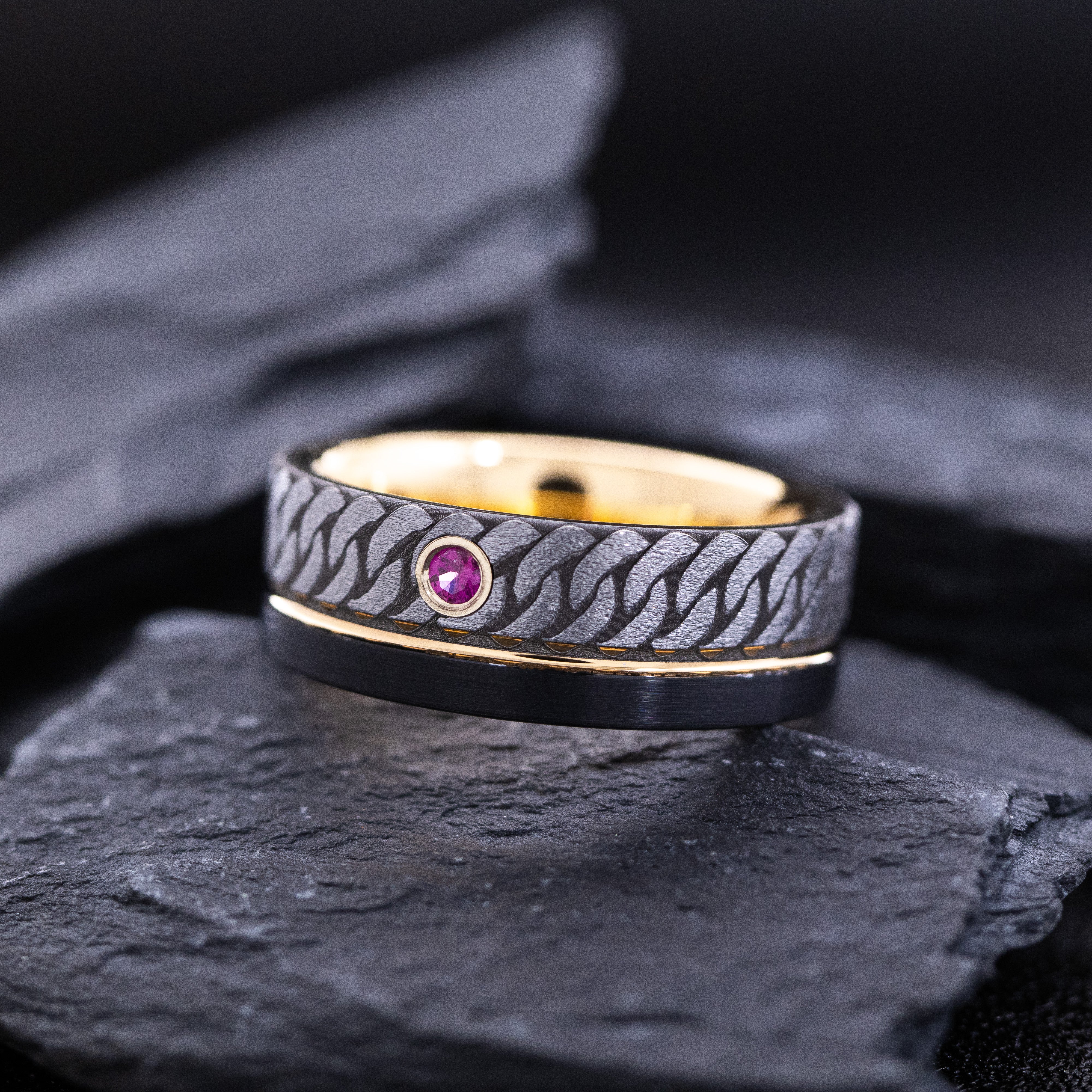 Rose Gold Plated 8mm Black Tungsten Carbide Ring with Engraved Celtic Knot and Birthstone