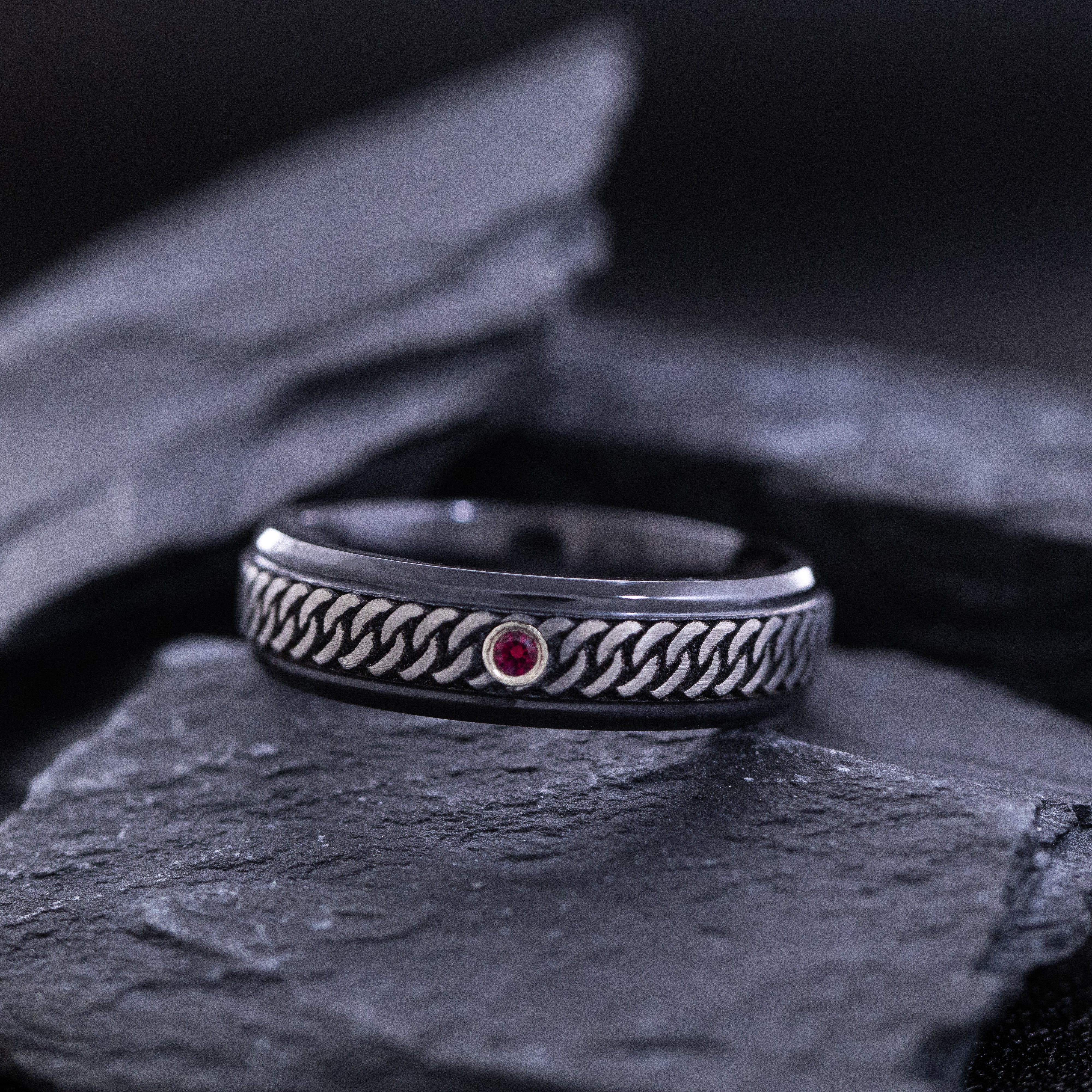 6mm Black Zirconium Ring with Engraved Celtic Knot and Round Cut Birthstone