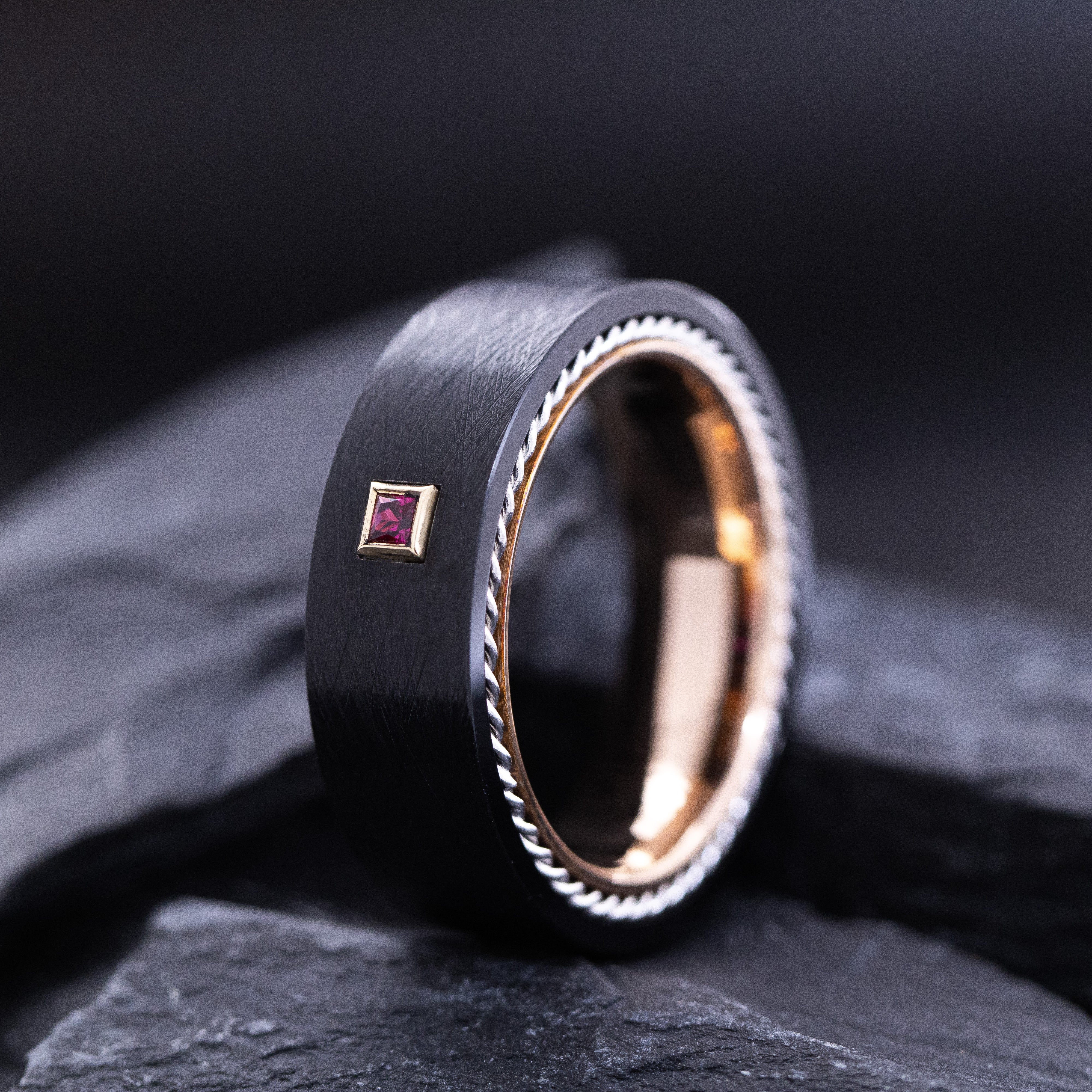 8mm Black and Rose Gold Tungsten Ring with Braided Rope and Princess Cut Birthstone