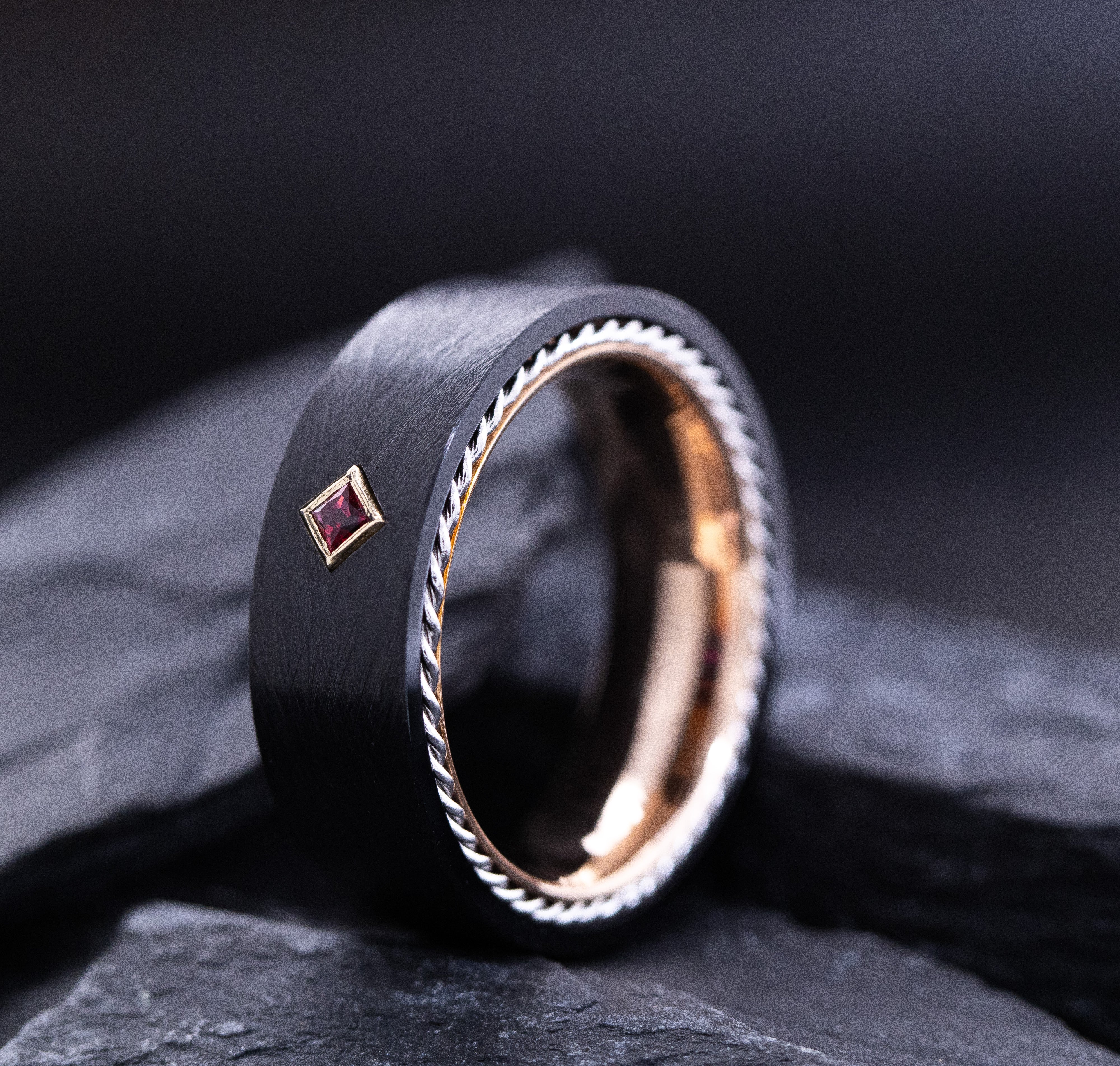 8mm Black and Rose Gold Tungsten Ring with Twisted Rope and Personalized Princess Cut Gemstone