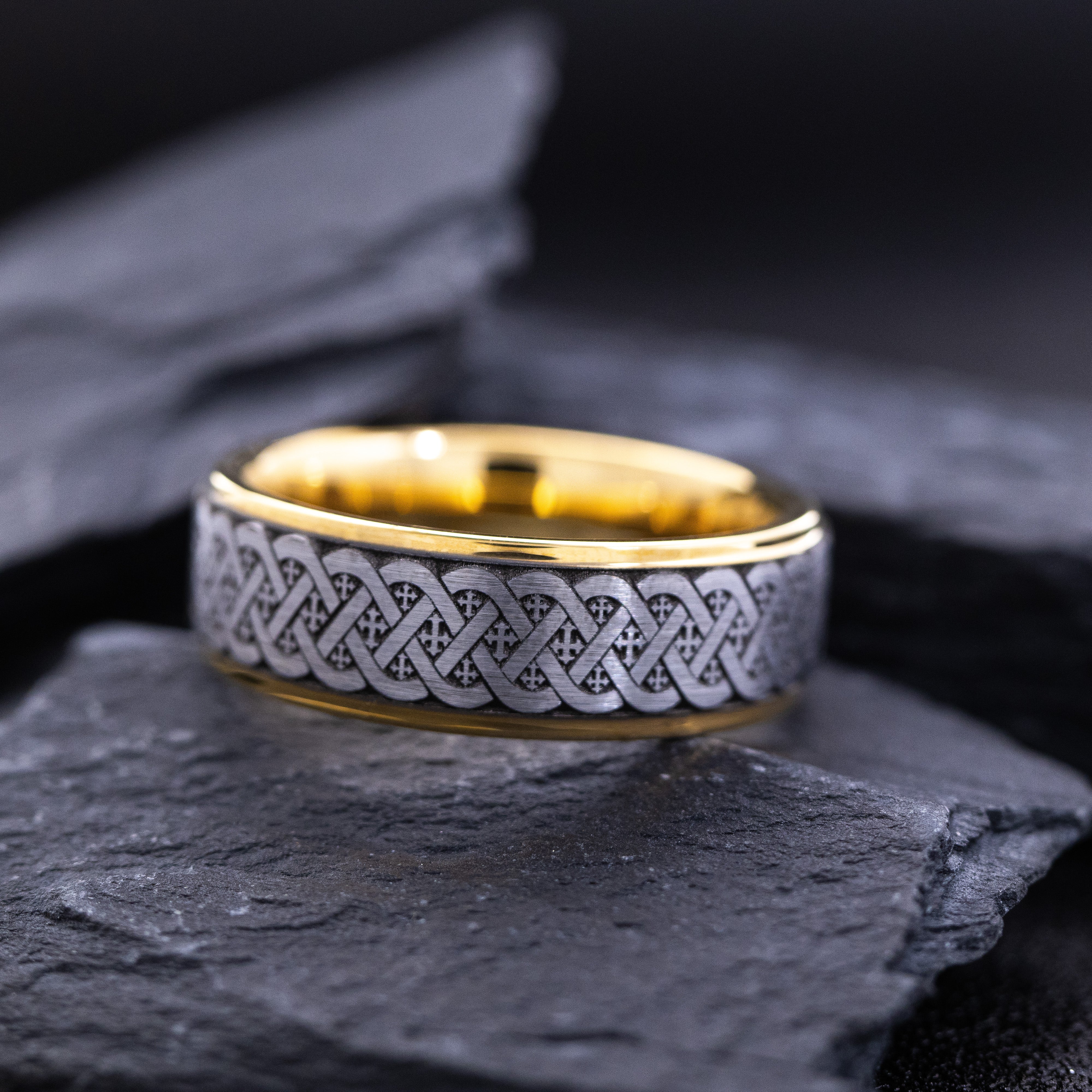 8mm Yellow Gold Plated Tungsten Ring with Deep Engraved Knots and Crosses
