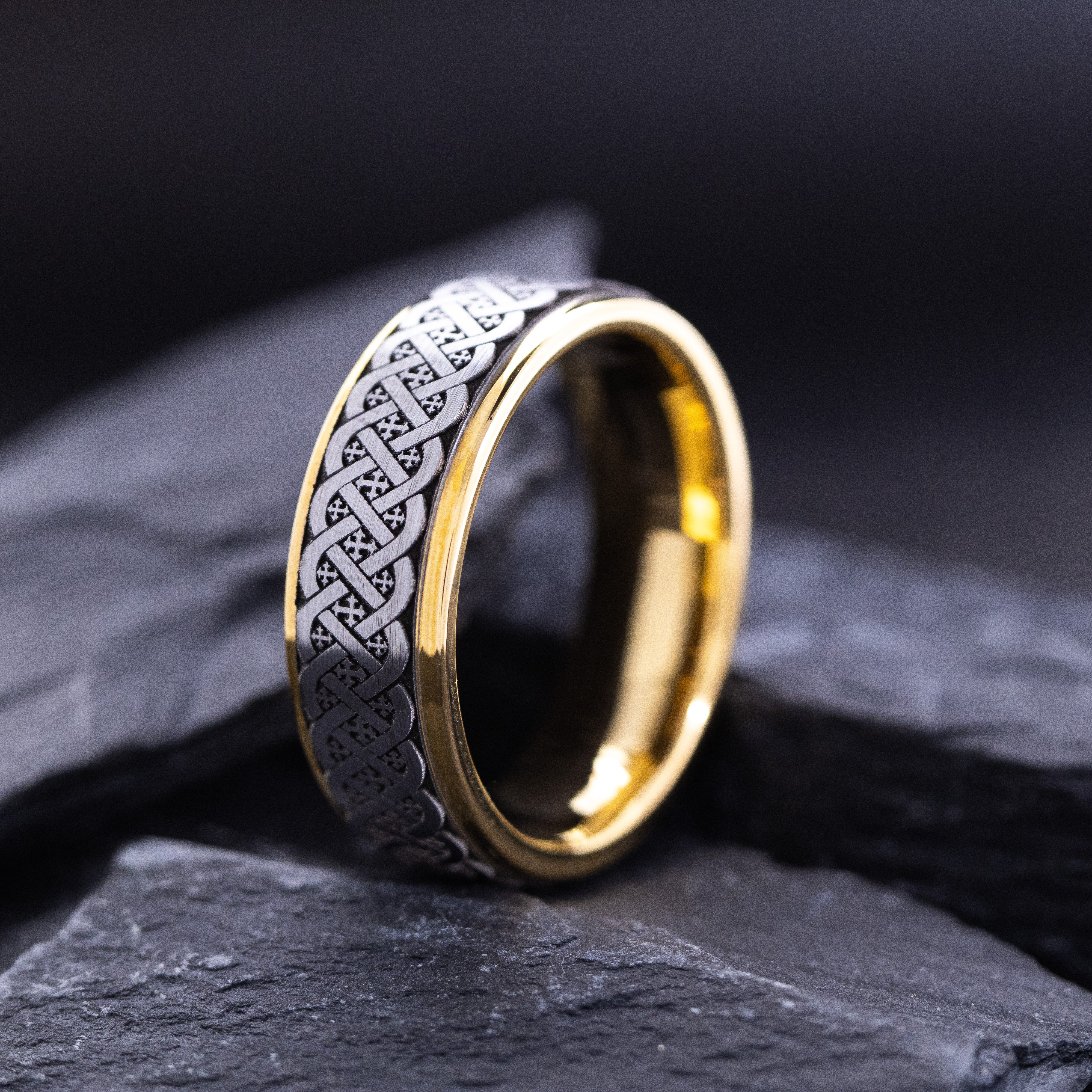 8mm Yellow Gold Plated Tungsten Ring with Deep Engraved Knots and Crosses