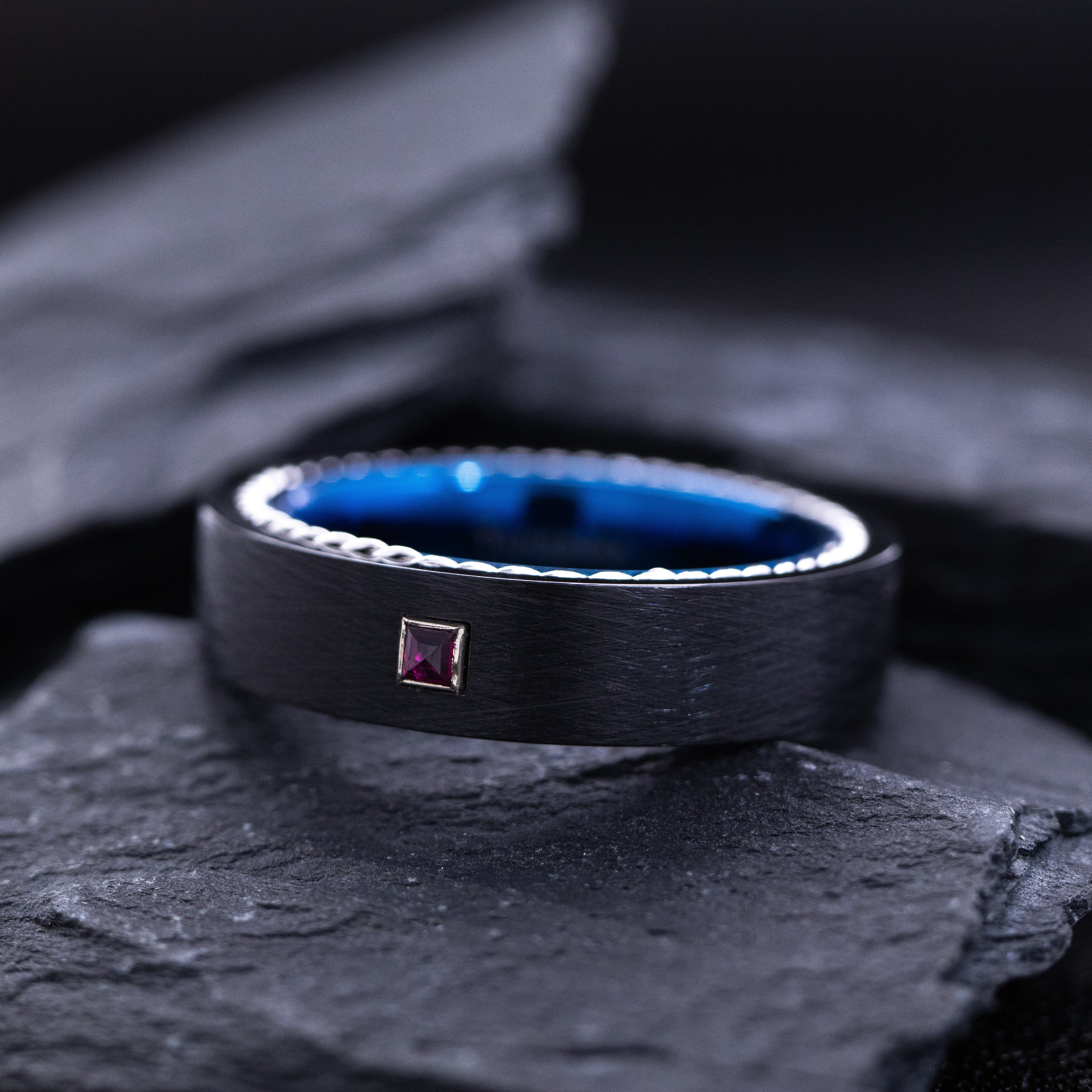 6mm Flat Blue and Black Tungsten Carbide Ring with Birthstone and Rope Edges
