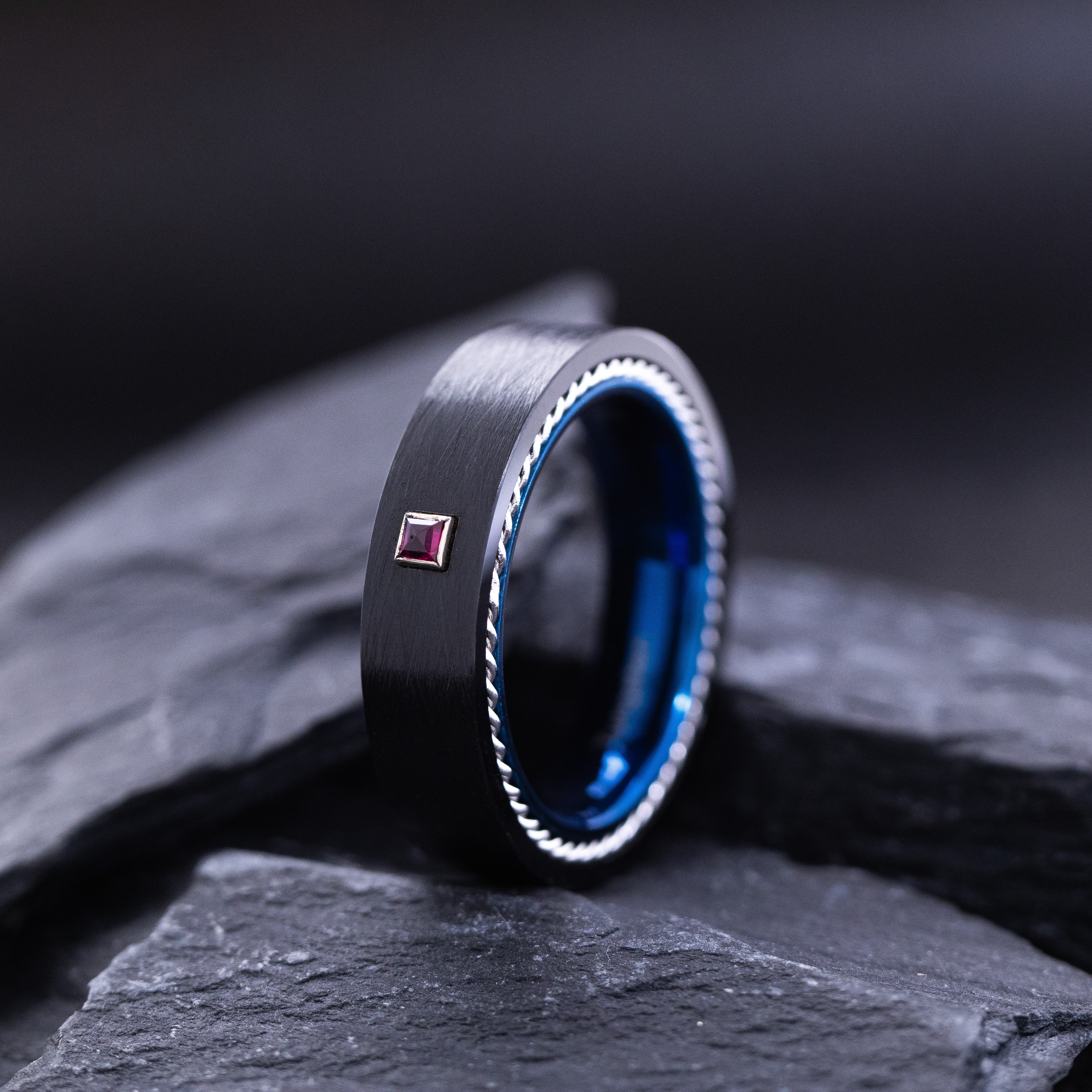 6mm Flat Blue and Black Tungsten Carbide Ring with Birthstone and Rope Edges