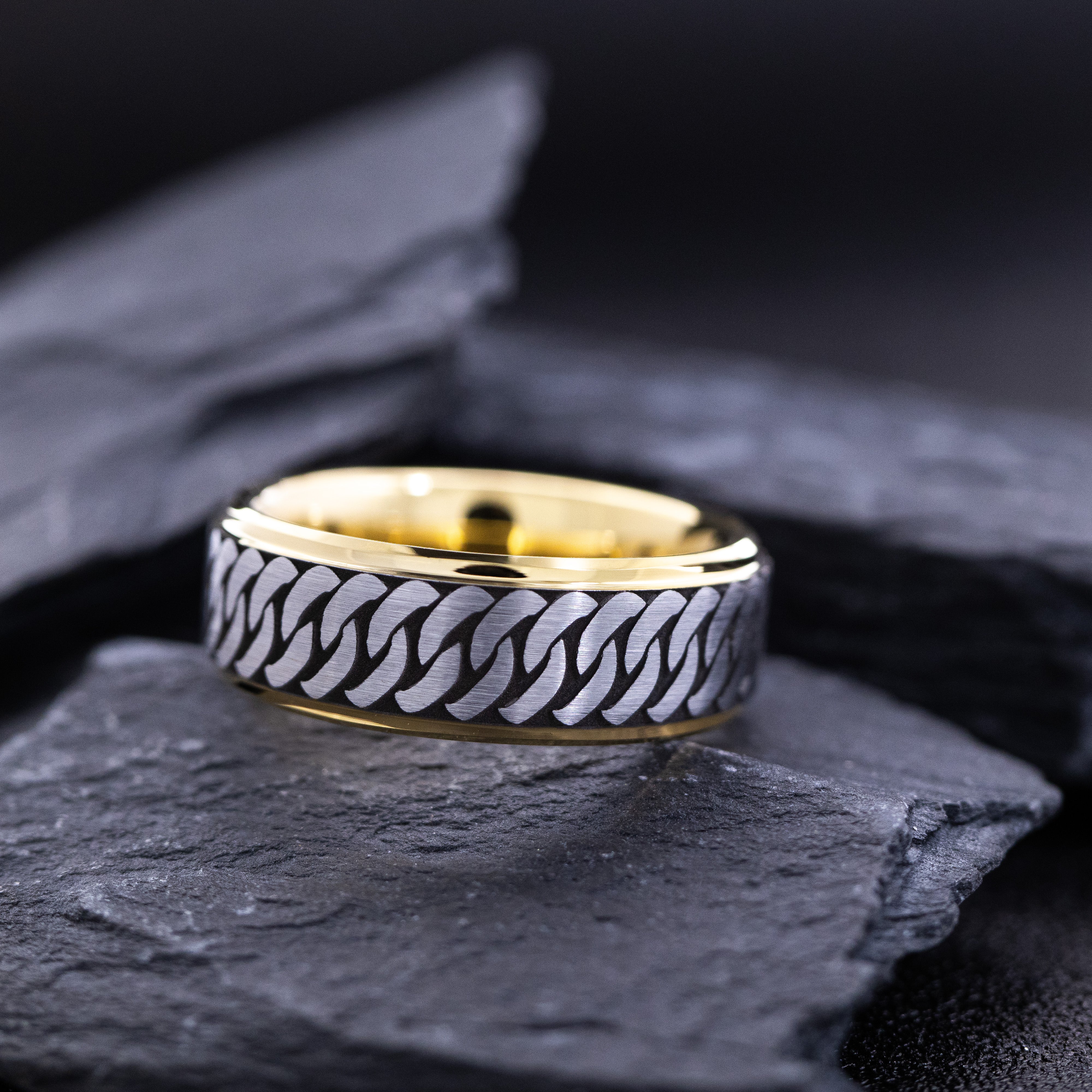 8mm Yellow Gold Plated and Silver Celtic Knot Tungsten Ring with Deep Black Engraving