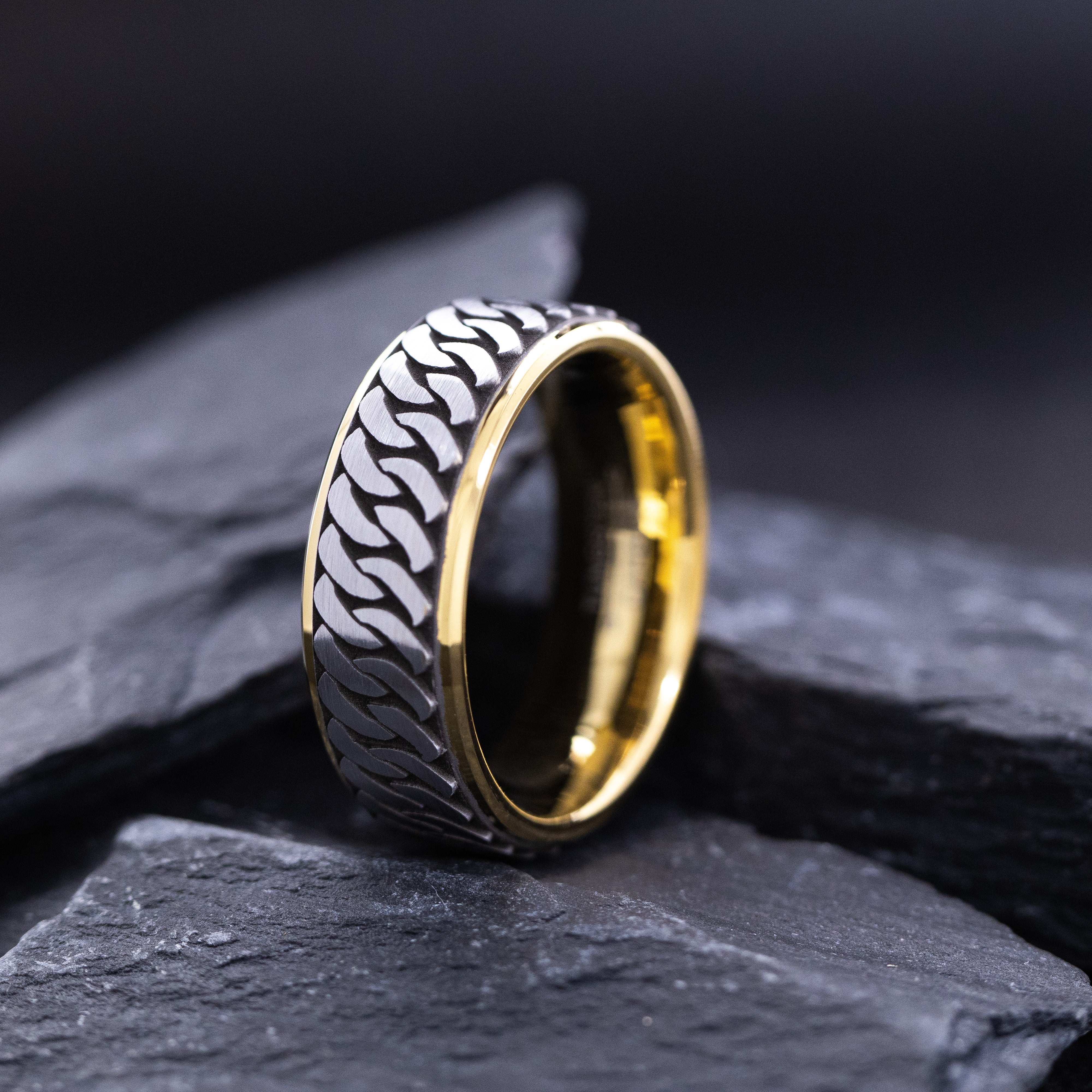 8mm Yellow Gold Plated and Silver Celtic Knot Tungsten Ring with Deep Black Engraving