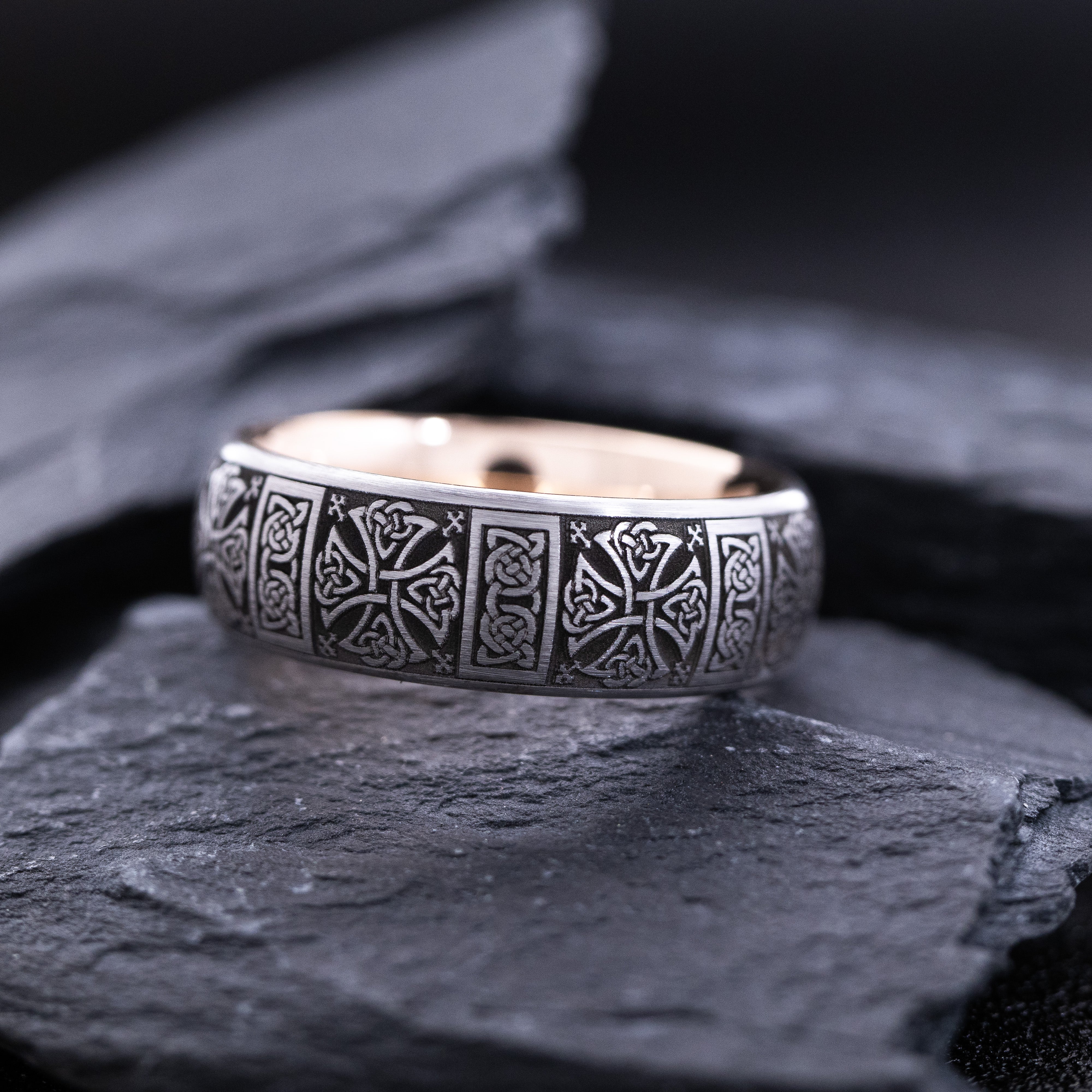 Rose Gold Plated 8mm Tungsten Carbide Ring with Celtic Engravings