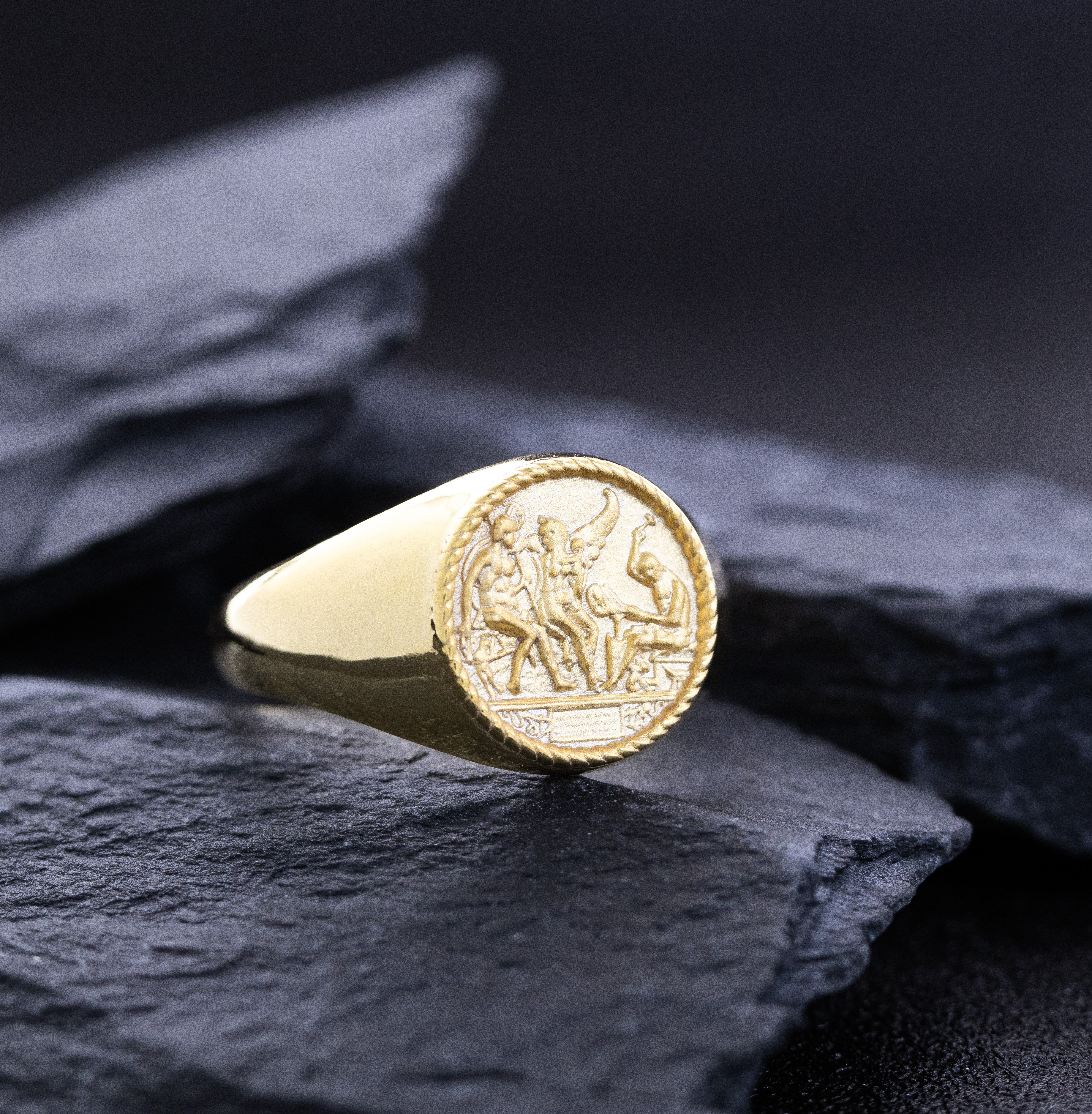 Renaissance Signet Ring, 14k Solid Yellow Gold Ring with Depiction of Roman Deities
