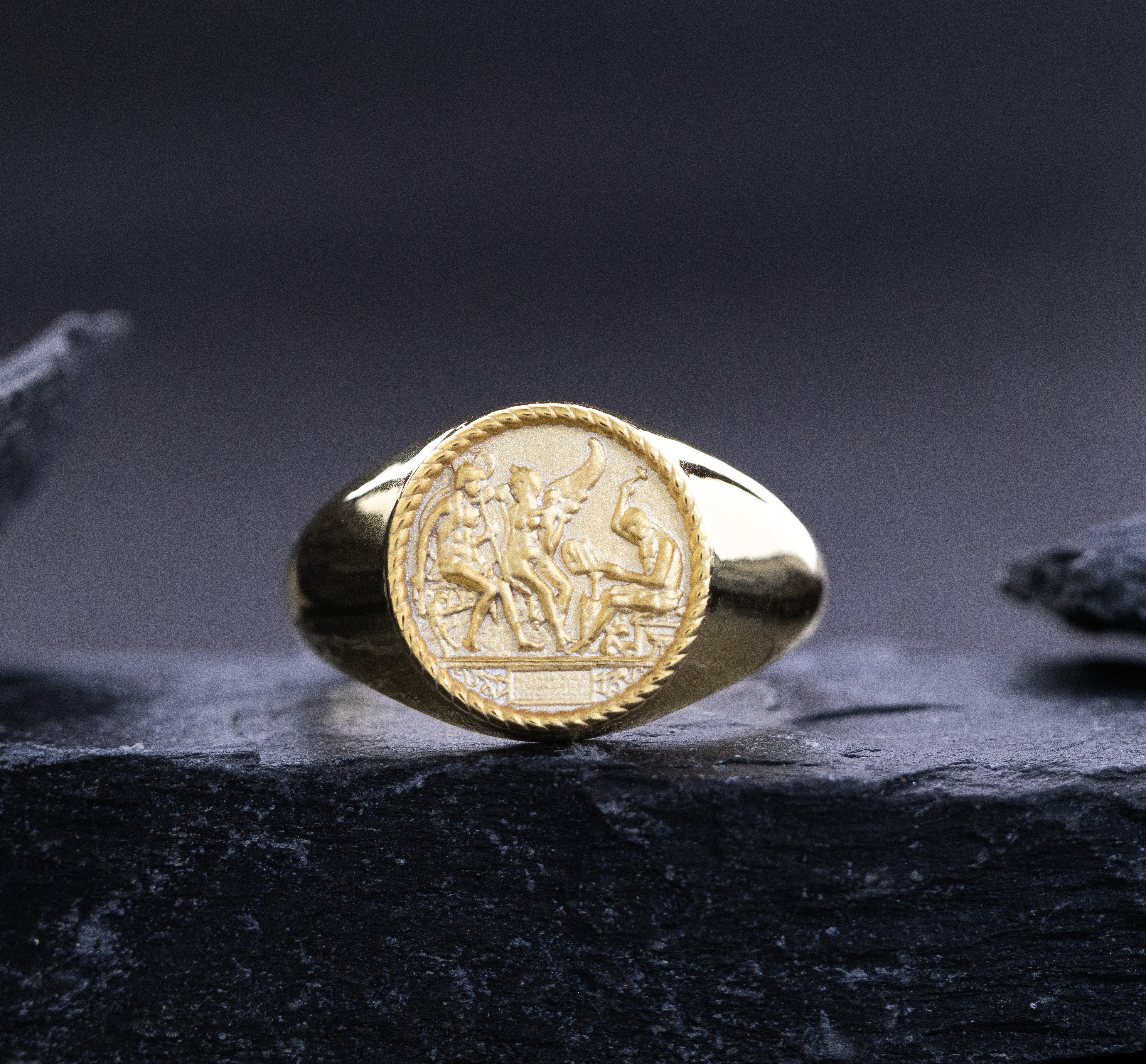 Renaissance Signet Ring, 14k Solid Yellow Gold Ring with Depiction of Roman Deities
