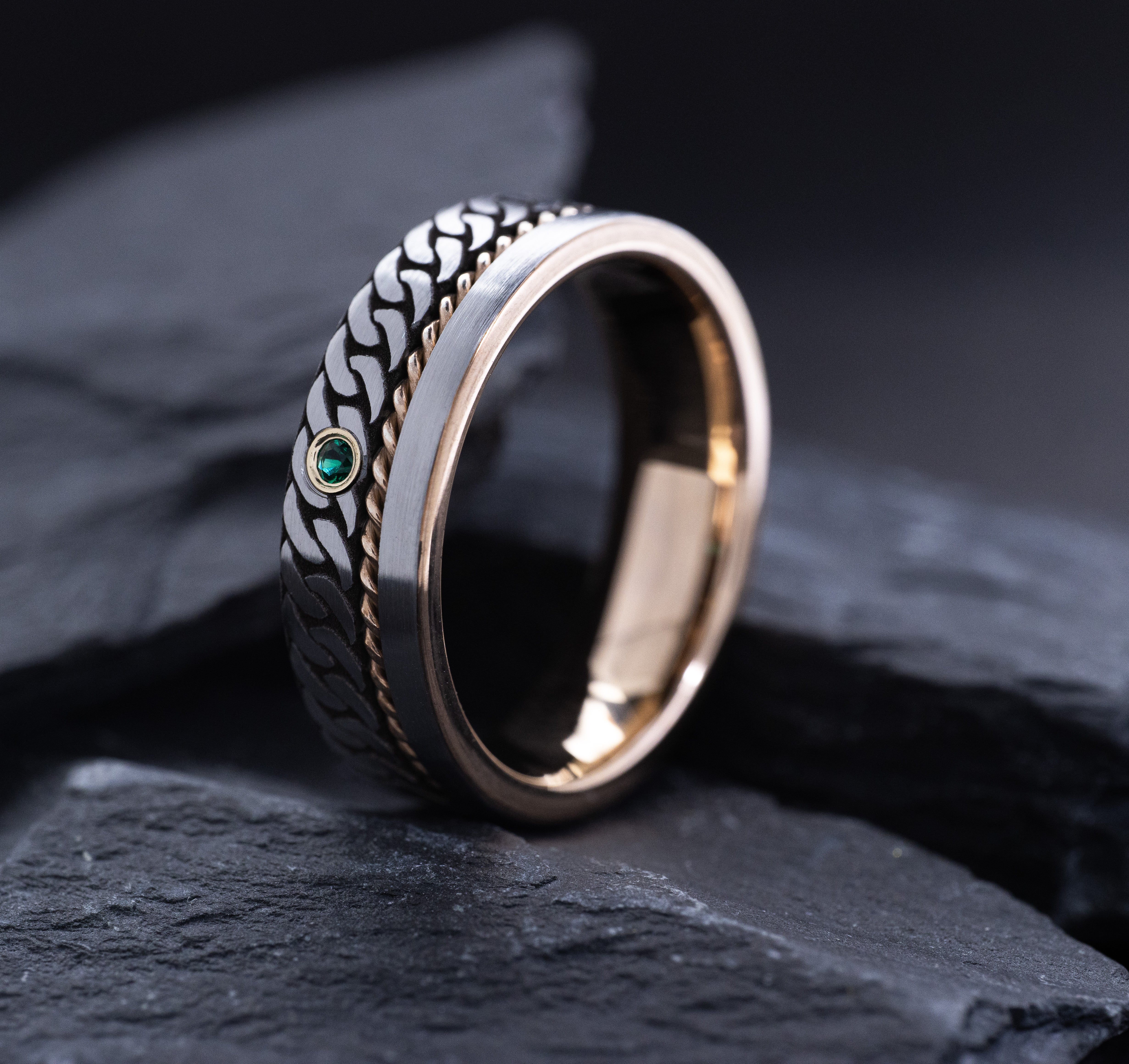 7mm Tungsten Carbide Ring with Rose Gold Rope, Celtic Chain Engraving & Gemstone