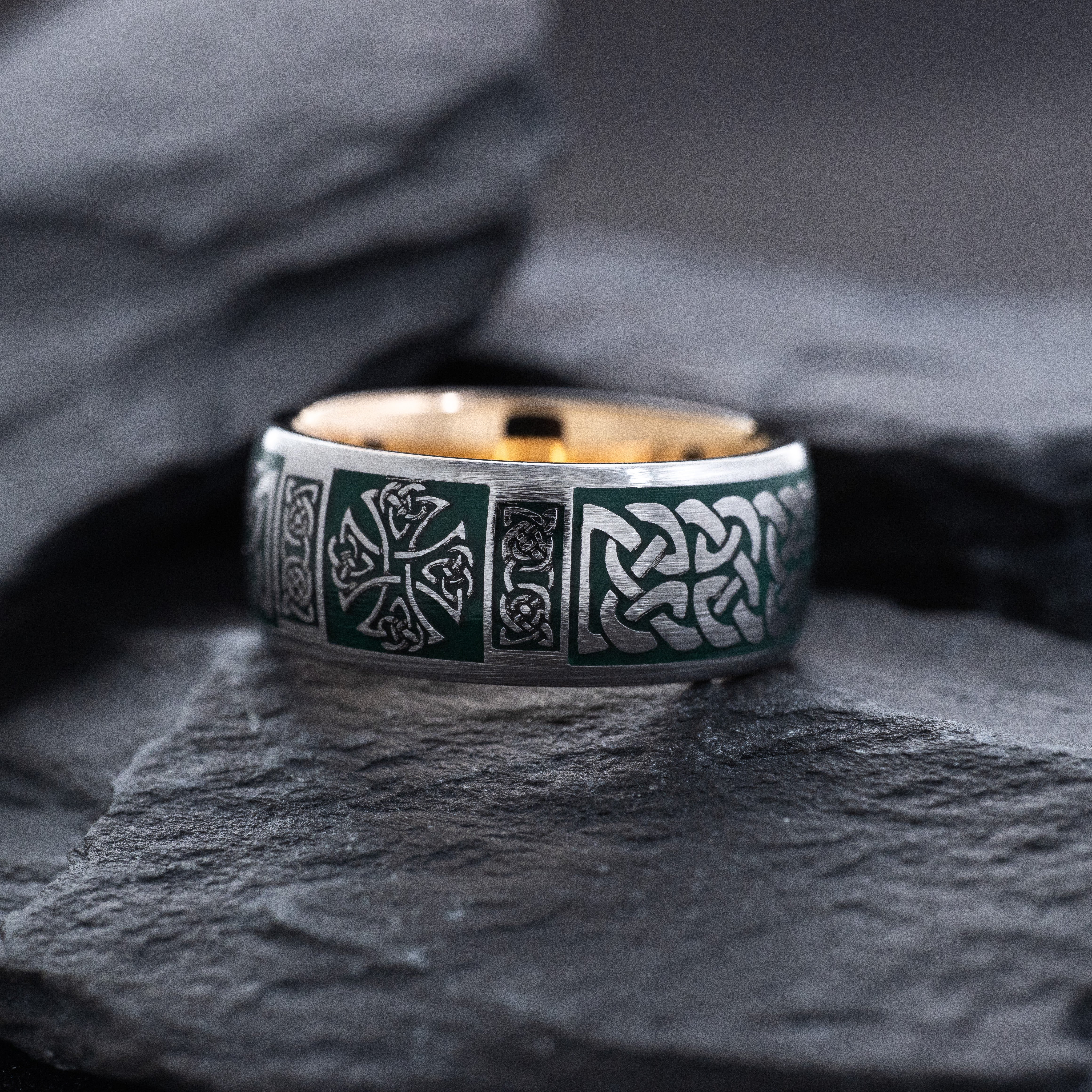Dark Green Enamel Celtic Tungsten Carbide Ring, 9mm Rose Gold Plated Band with Celtic Cross and Knot Engravings