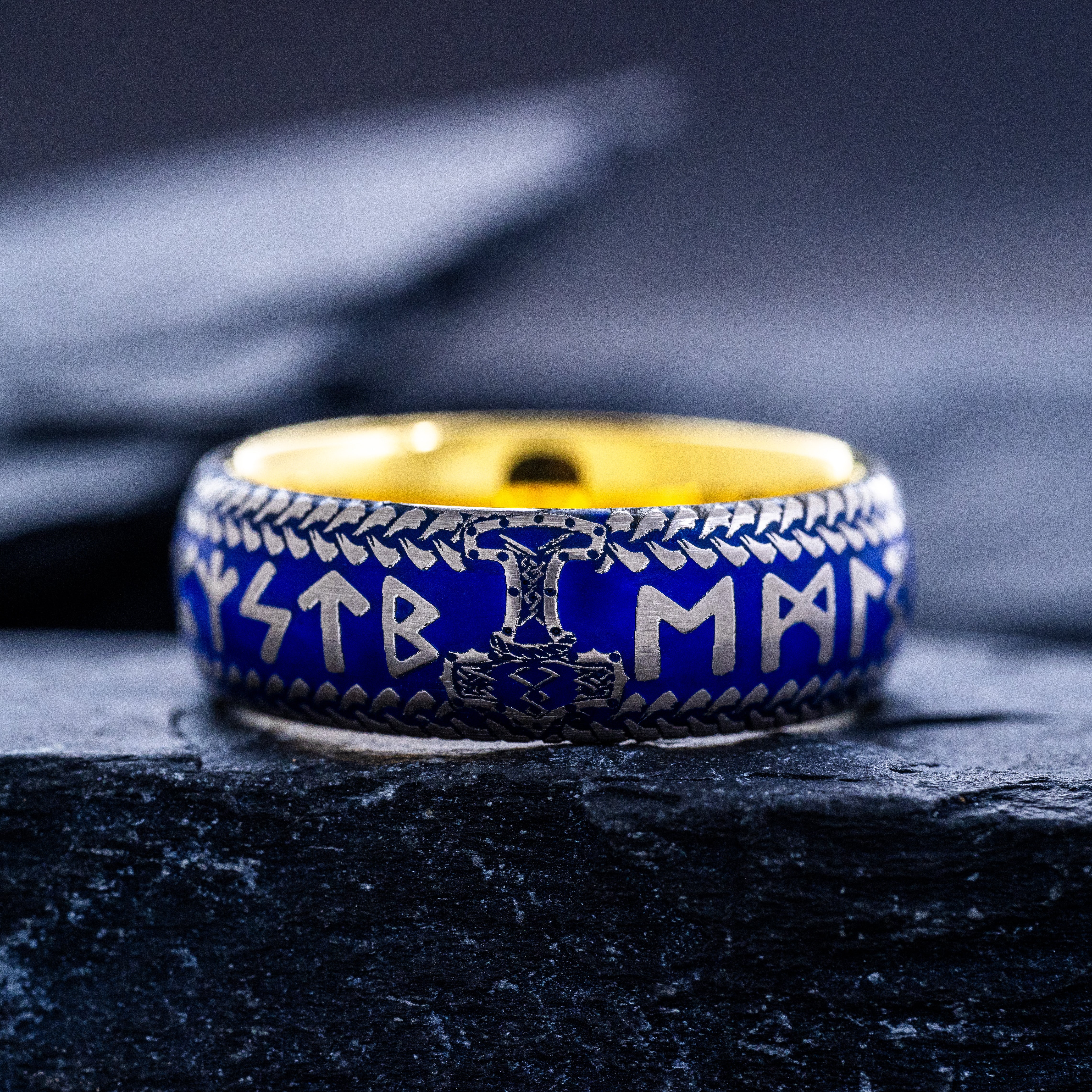 Blue Enamel Viking Norse Tungsten Carbide Ring, 8mm Yellow Gold Plated Band with Thor's Hammer and Nordic Runes Engravings and Custom Enamel