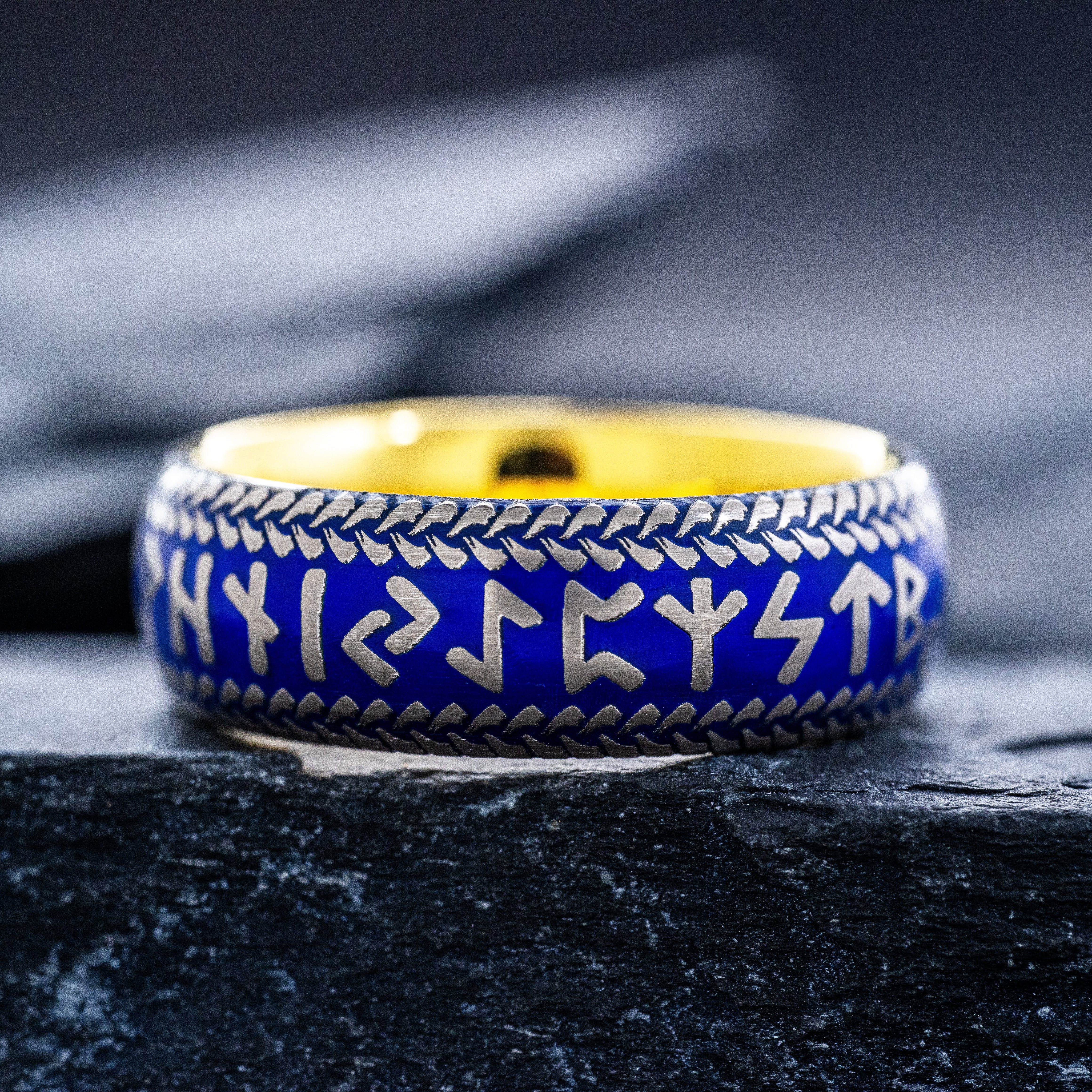Blue Enamel Viking Norse Tungsten Carbide Ring, 8mm Yellow Gold Plated Band with Thor's Hammer and Nordic Runes Engravings and Custom Enamel