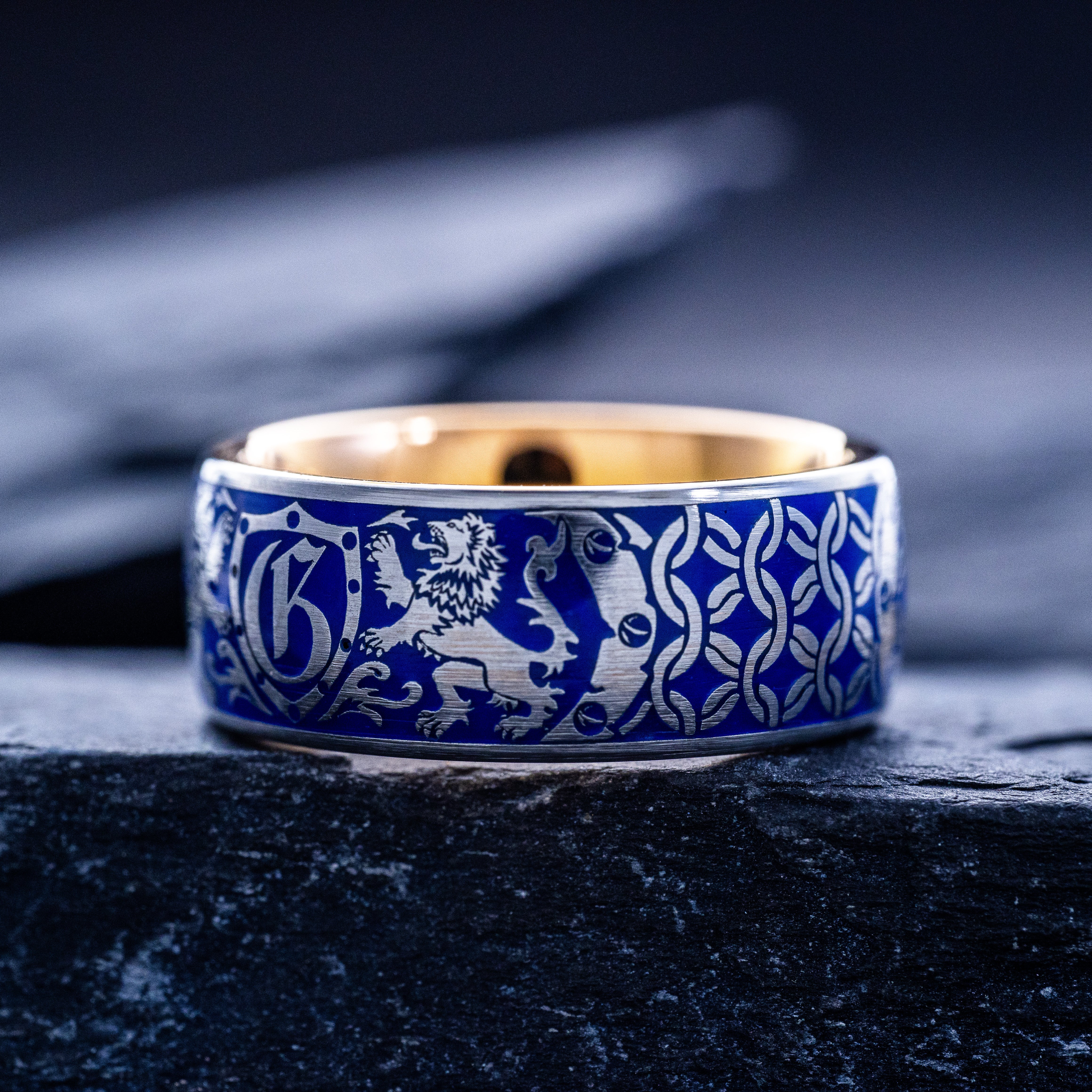 Royal Blue Enamel Medieval Heraldic Initial Ring, 9mm Rose Gold Plated Band with Heraldic Lions and Personalized Initial