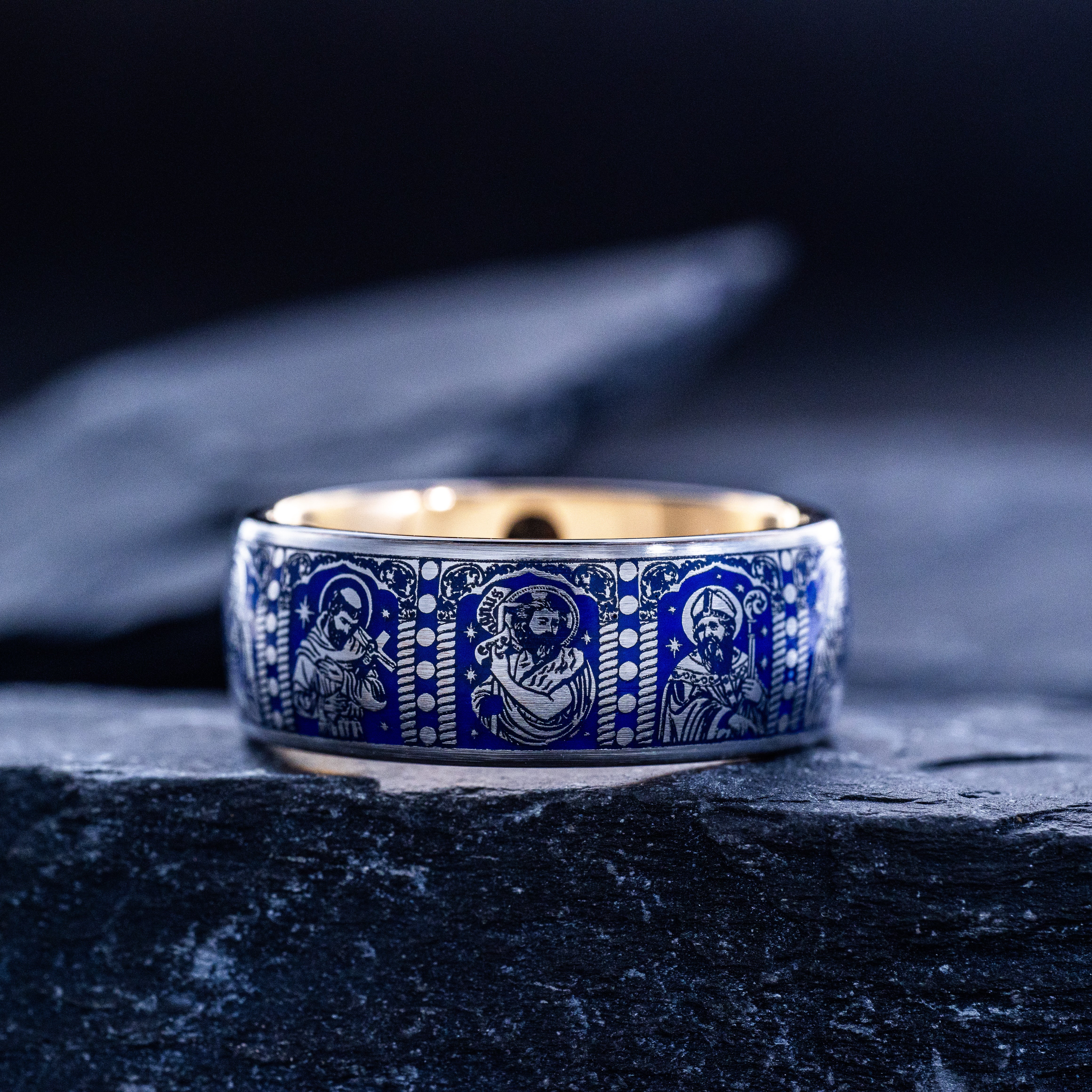 Royal Blue Enamel Christian Saints Ring, 9mm Rose Gold Plated Band with Christ and Several Christian Saints