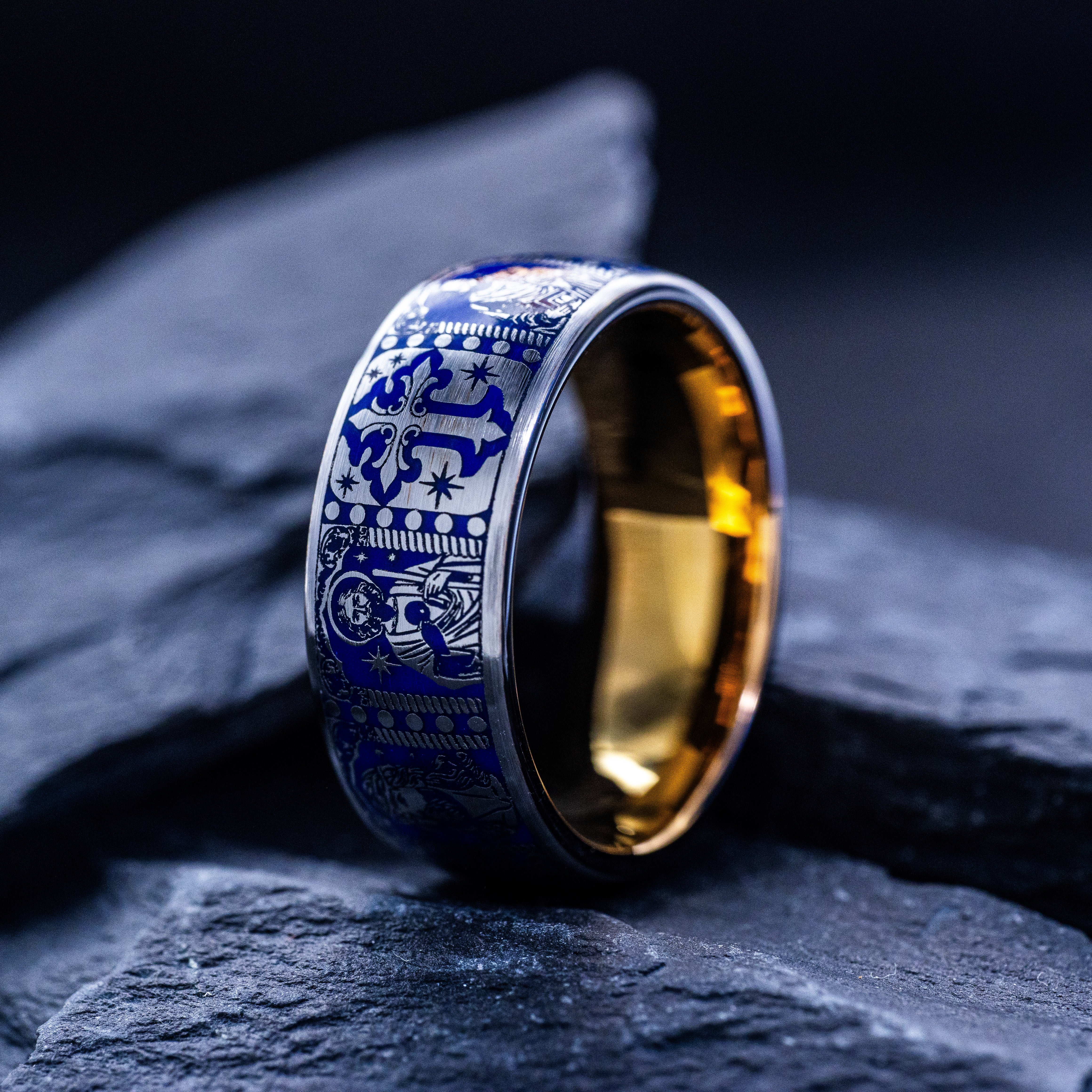 Royal Blue Enamel Christian Saints Ring, 9mm Rose Gold Plated Band with Christ and Several Christian Saints