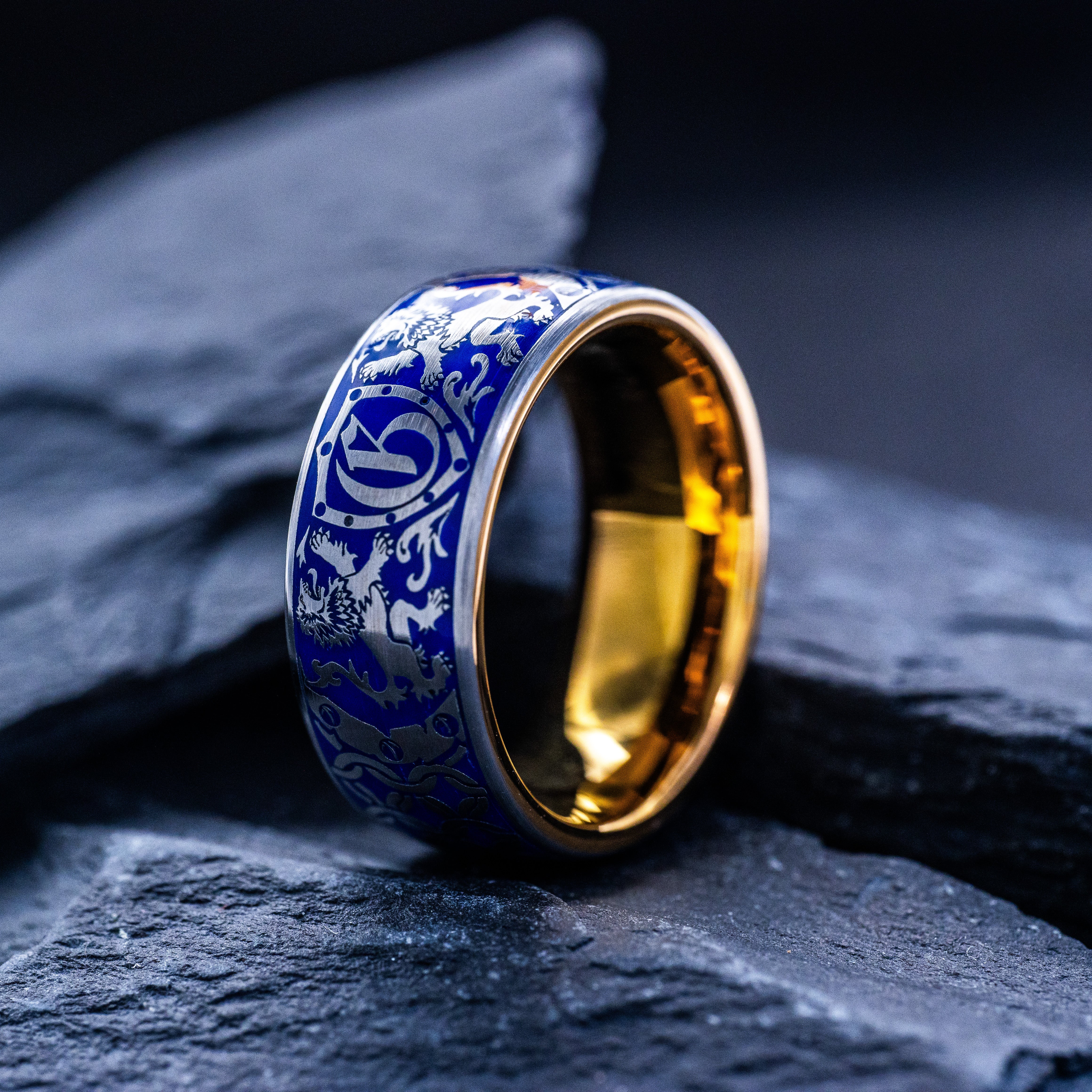 Royal Blue Enamel Medieval Heraldic Initial Ring, 9mm Rose Gold Plated Band with Heraldic Lions and Personalized Initial