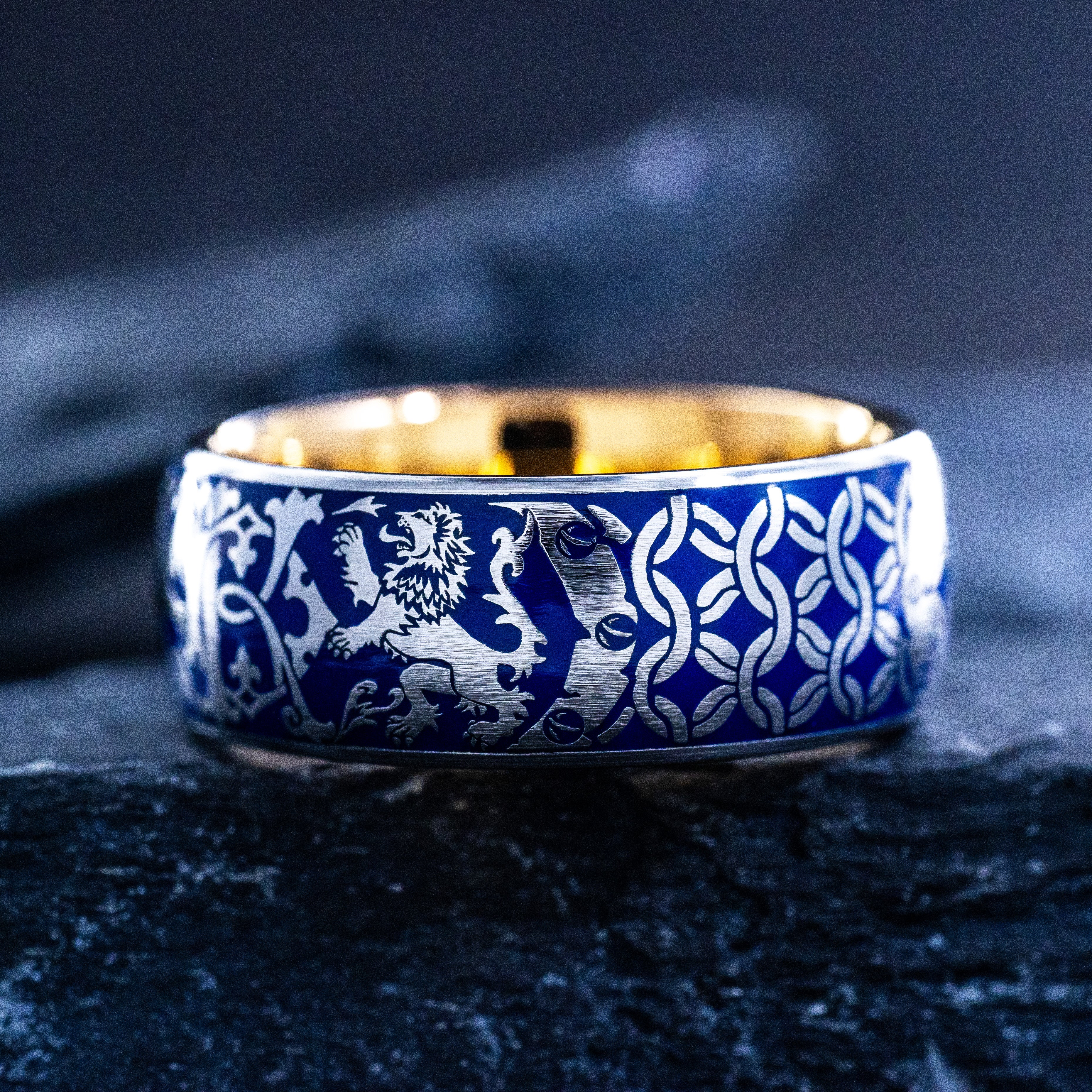 Personalized Monogram and Blue Enamel Ring, 9mm Rose Gold Plated Tungsten Carbide Band with Medieval Heraldic Lions