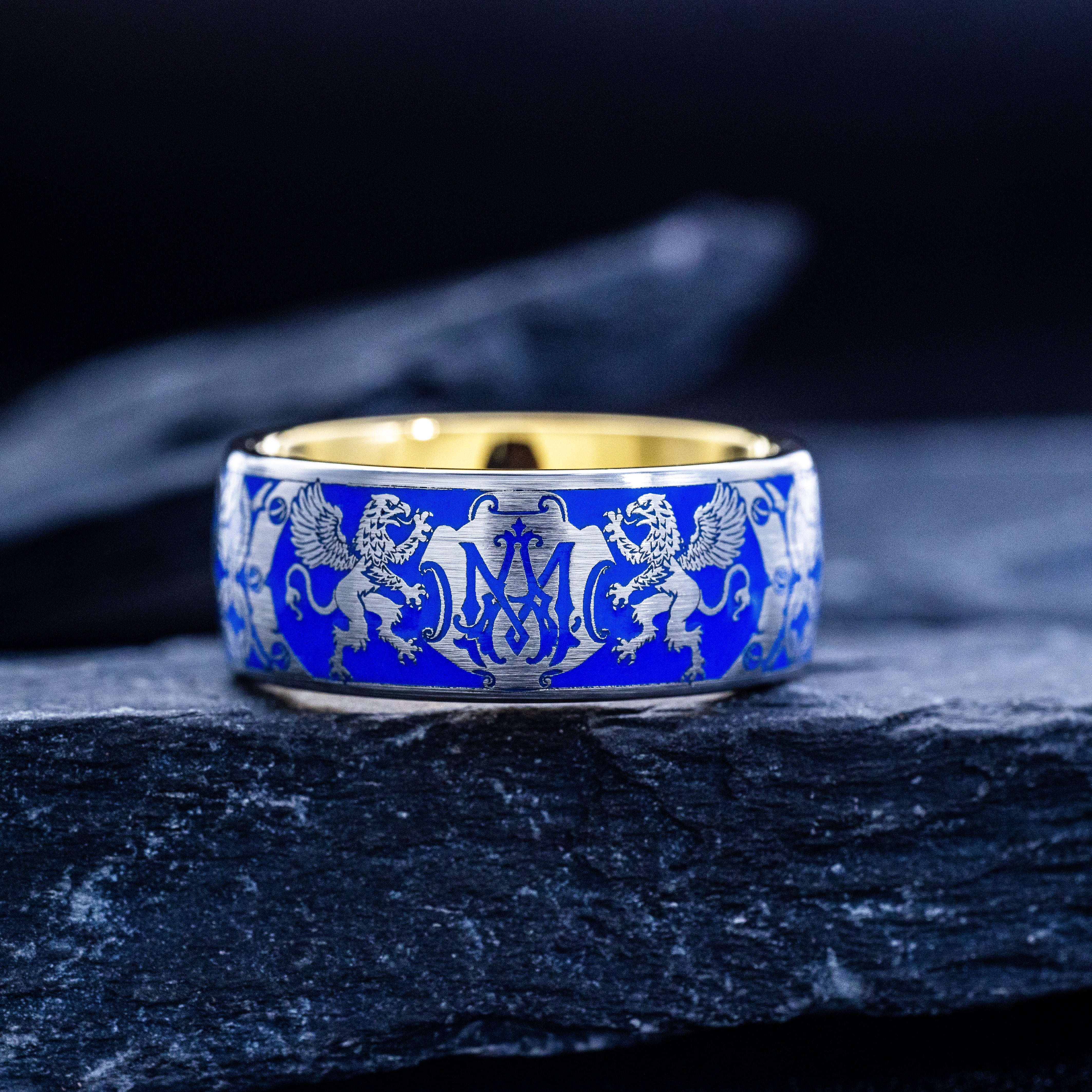 Personalized Monogram with Heraldic Medieval Griffins and Sky Blue Enamel Ring, 9mm Yellow Gold Plated Tungsten Carbide Band