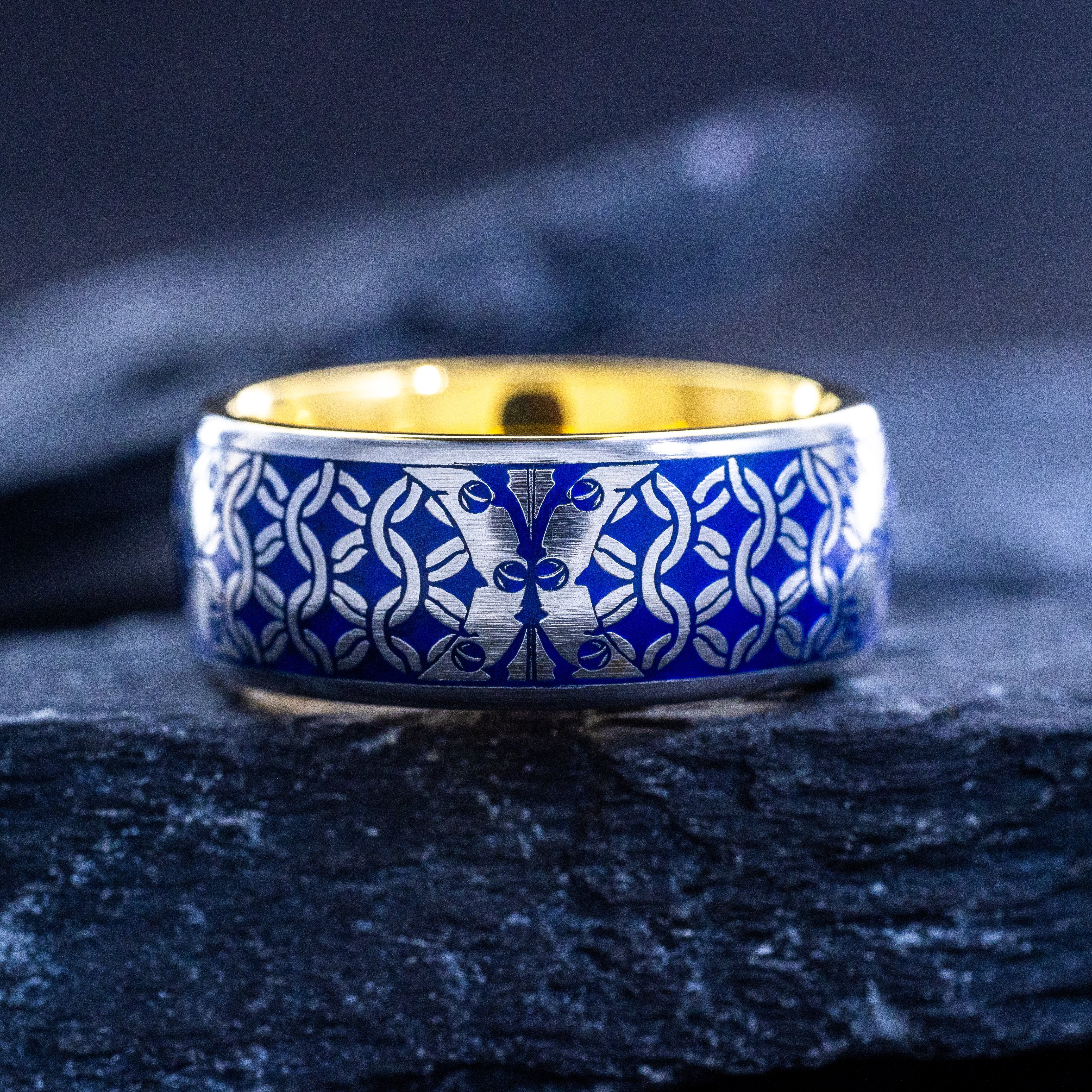 Royal Blue Enamel Ring with Medieval Lions and Shield, 9mm Yellow Gold Plated Band with Gemstone