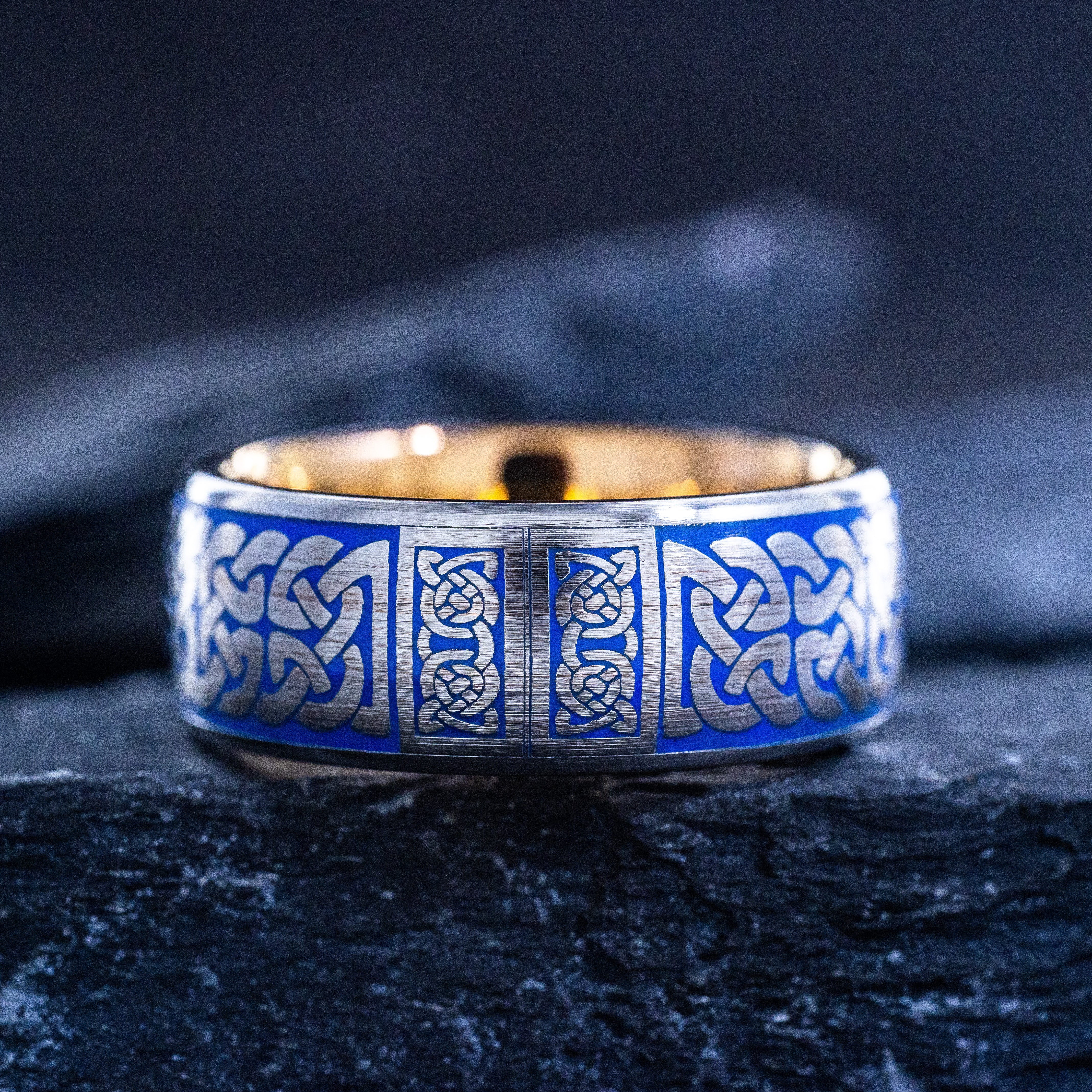 Celtic Cross and Knot Blue Enamel Tungsten Carbide Ring, 9mm Rose Gold Plated Band