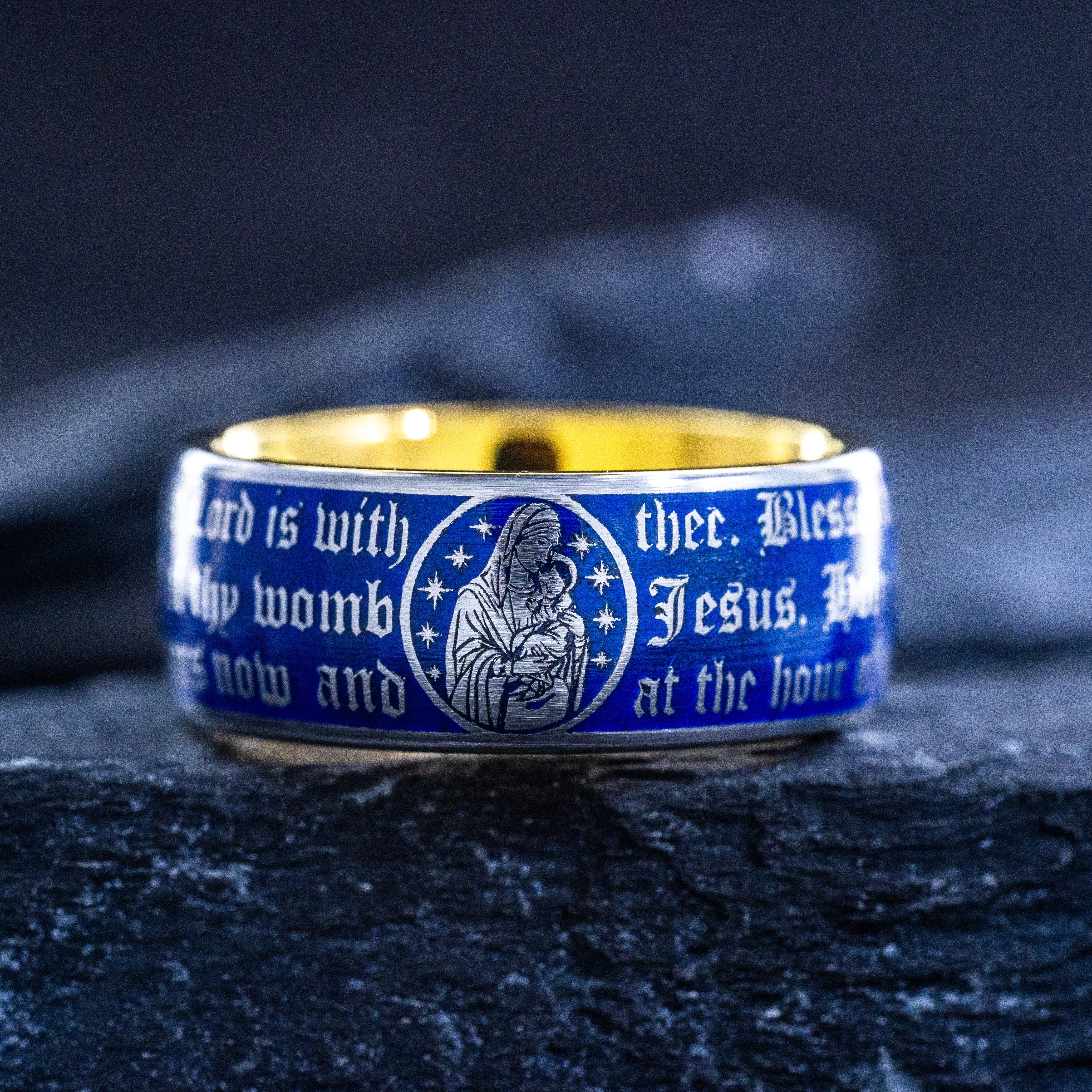 Christian Prayer Blue Enamel Ring, 9mm Yellow Gold Plated Band with the Virgin Mary and Christ