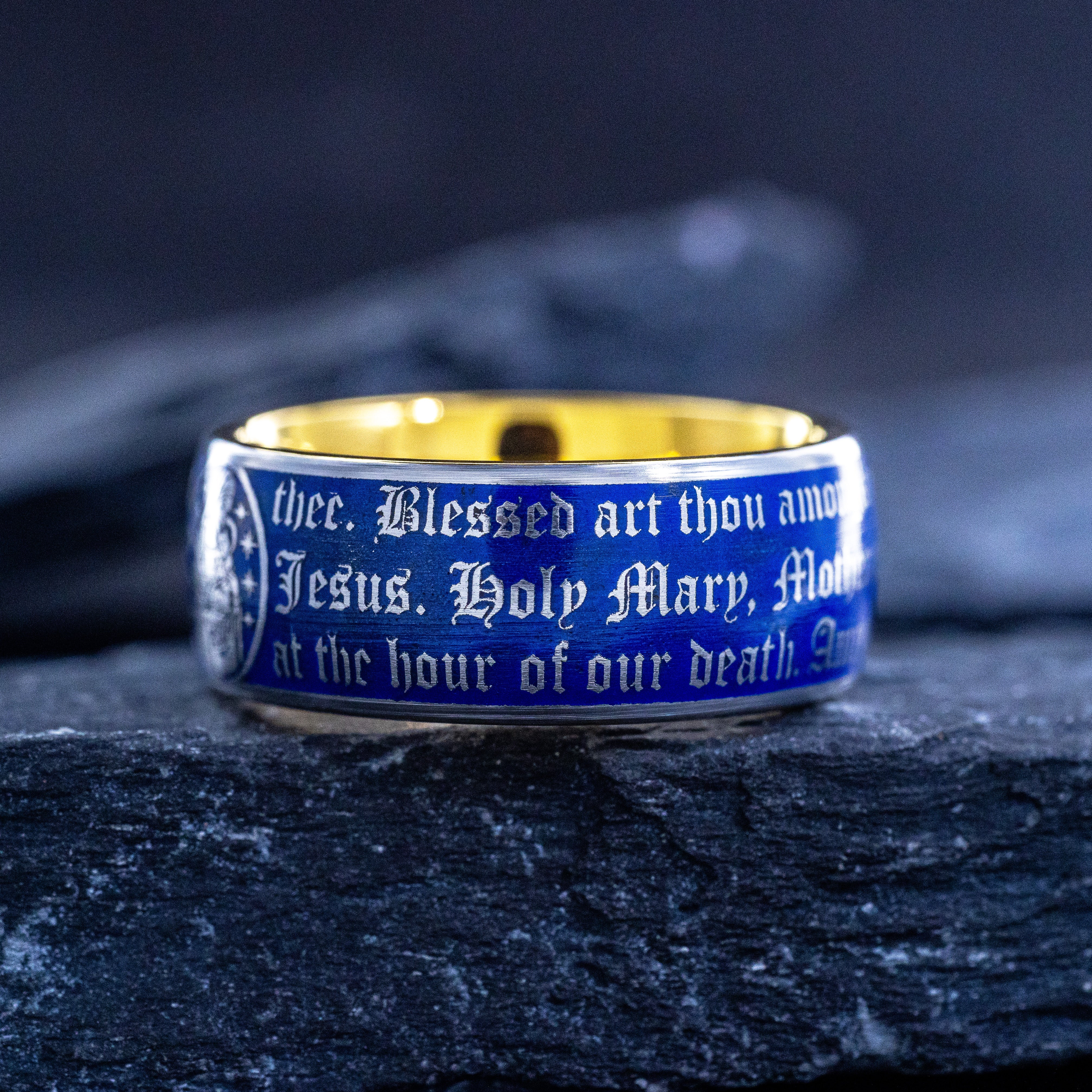 Christian Prayer Blue Enamel Ring, 9mm Yellow Gold Plated Band with the Virgin Mary and Christ