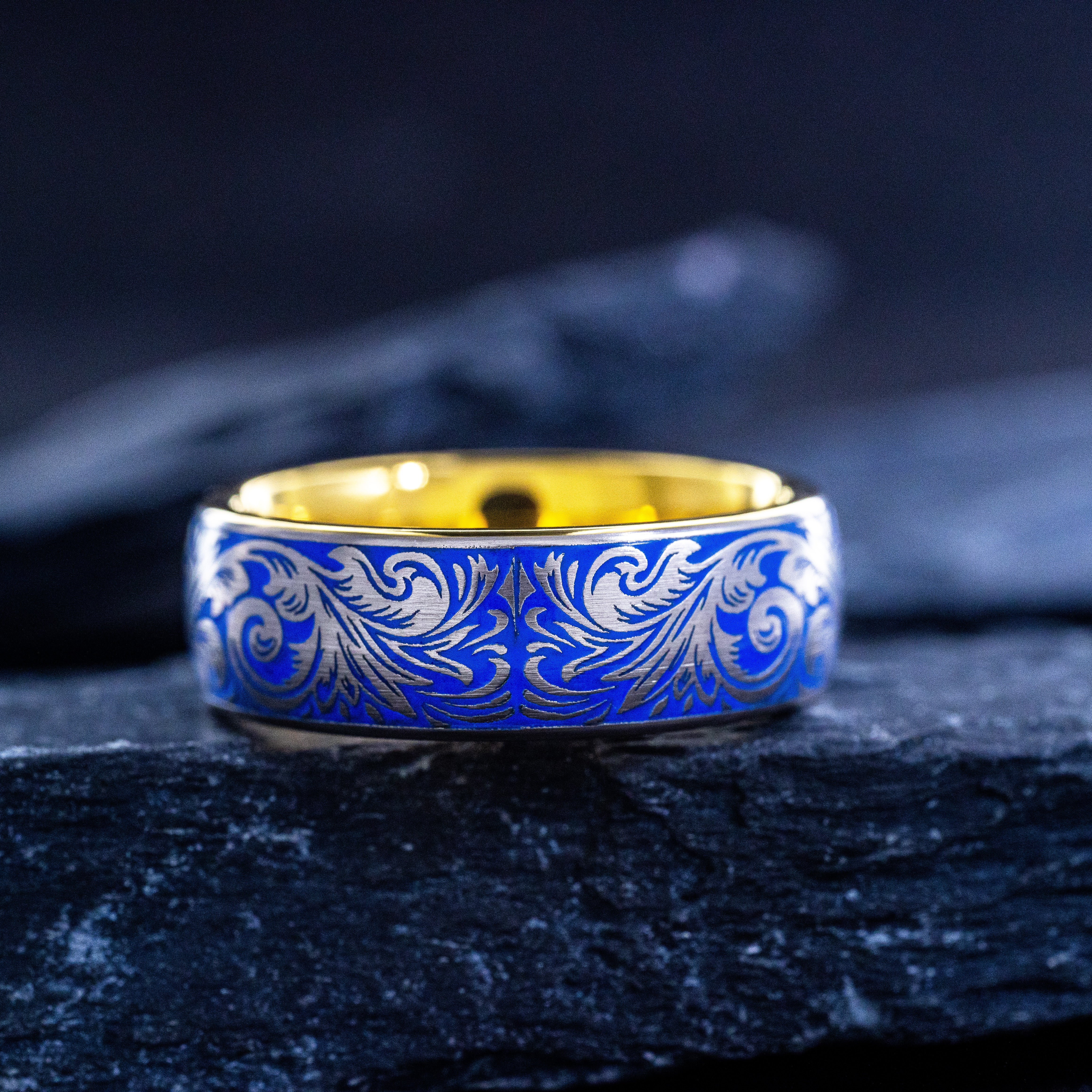 Victorian Fleur De Lis Floral Ring with Blue Enamel, 8mm Tungsten Band with Gold Plating