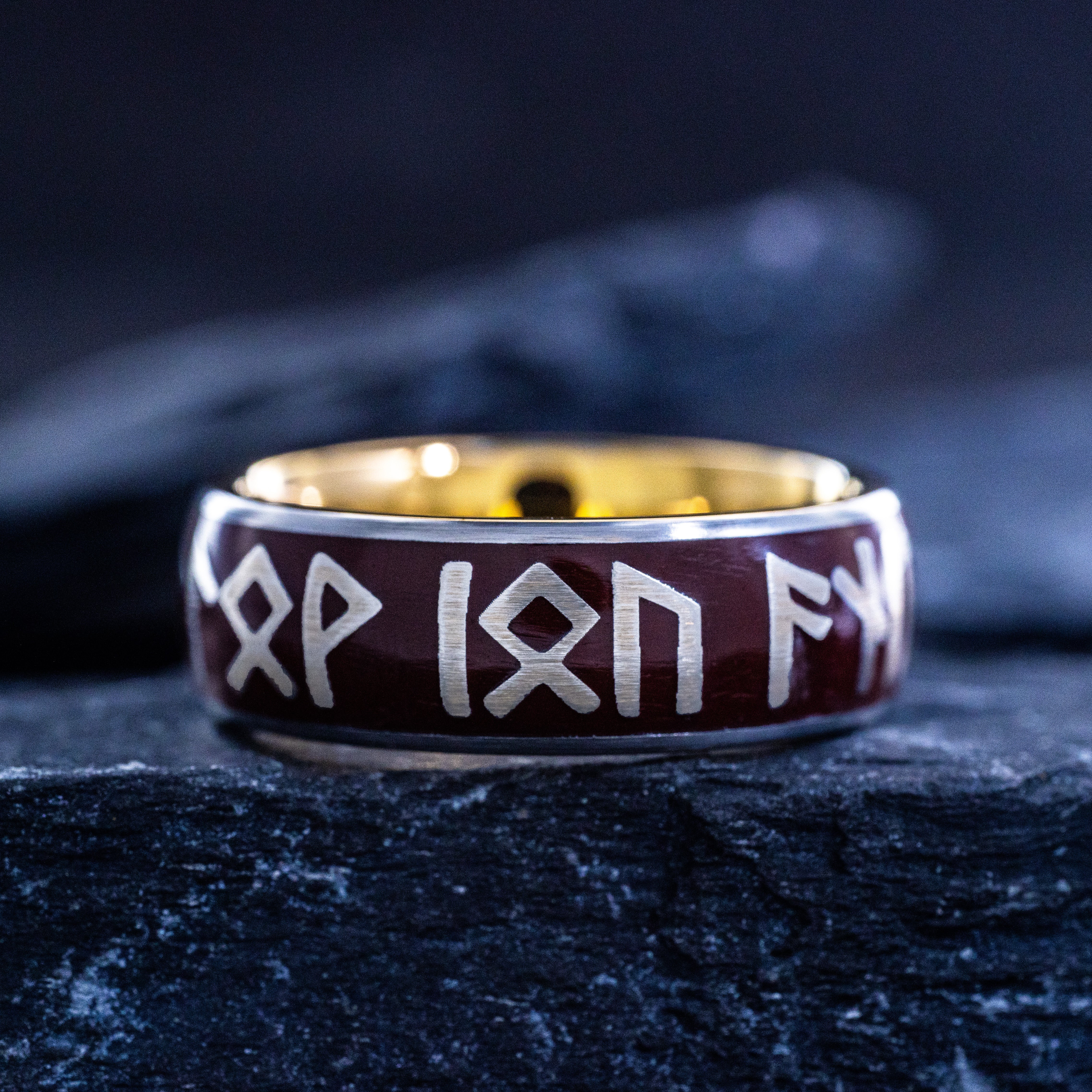 Norse Runes and Red Enamel Tungsten Ring, 8mm Yellow Gold Plated Band