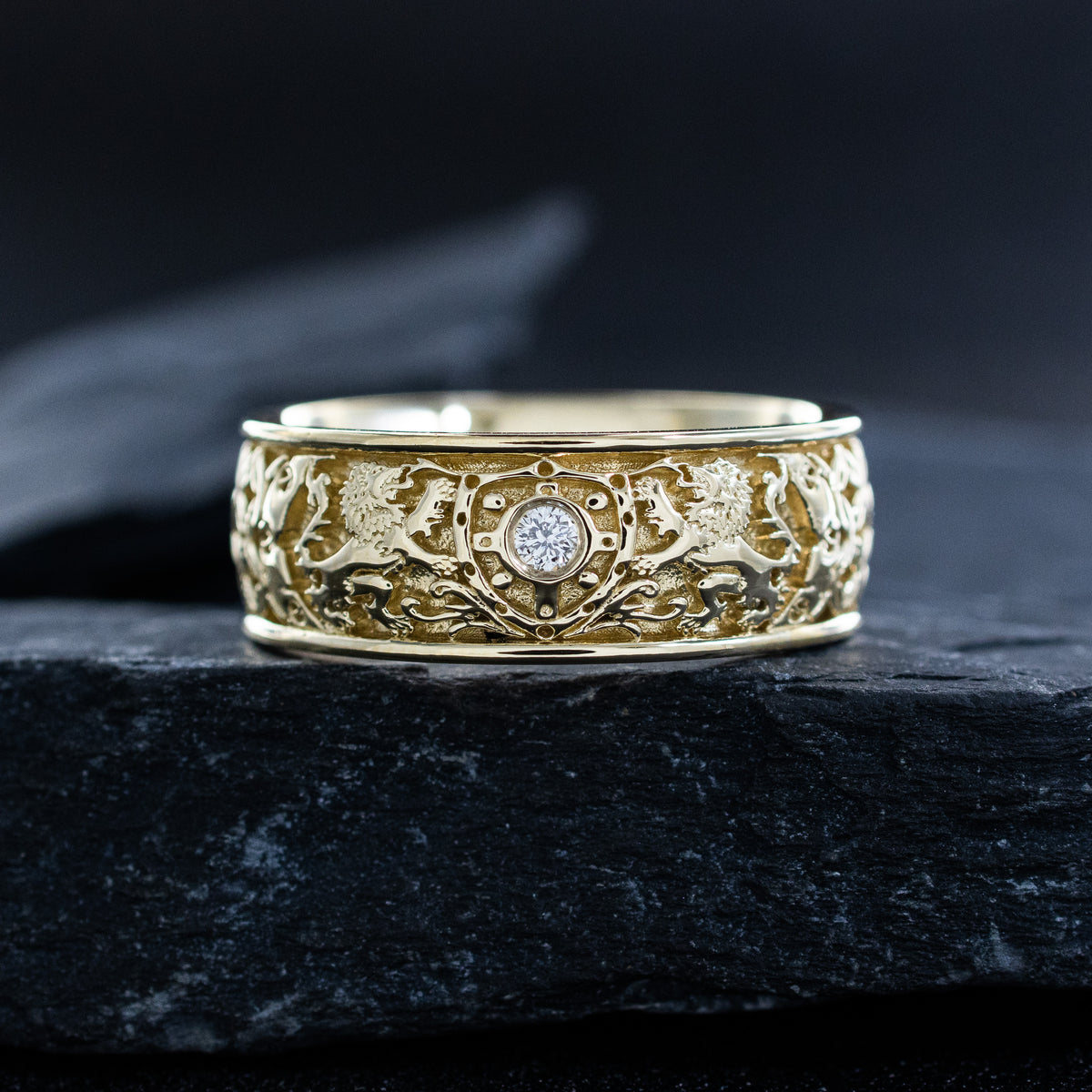 8mm Custom Made, Solid Yellow Gold Ring with Medieval Style Engravings, Shield, Lions and Round Cut Diamond