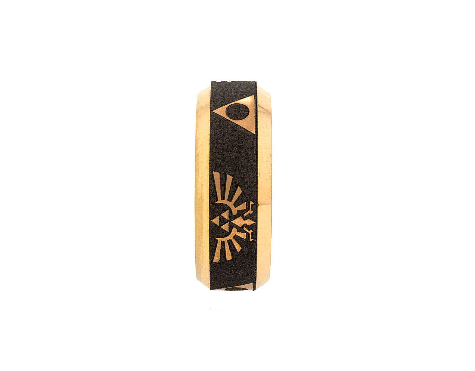 8mm Custom Made Tungsten Ring with Matte Black Plated Exterior, Polished Gold Plated Interior and Zelda Inspired Engraving