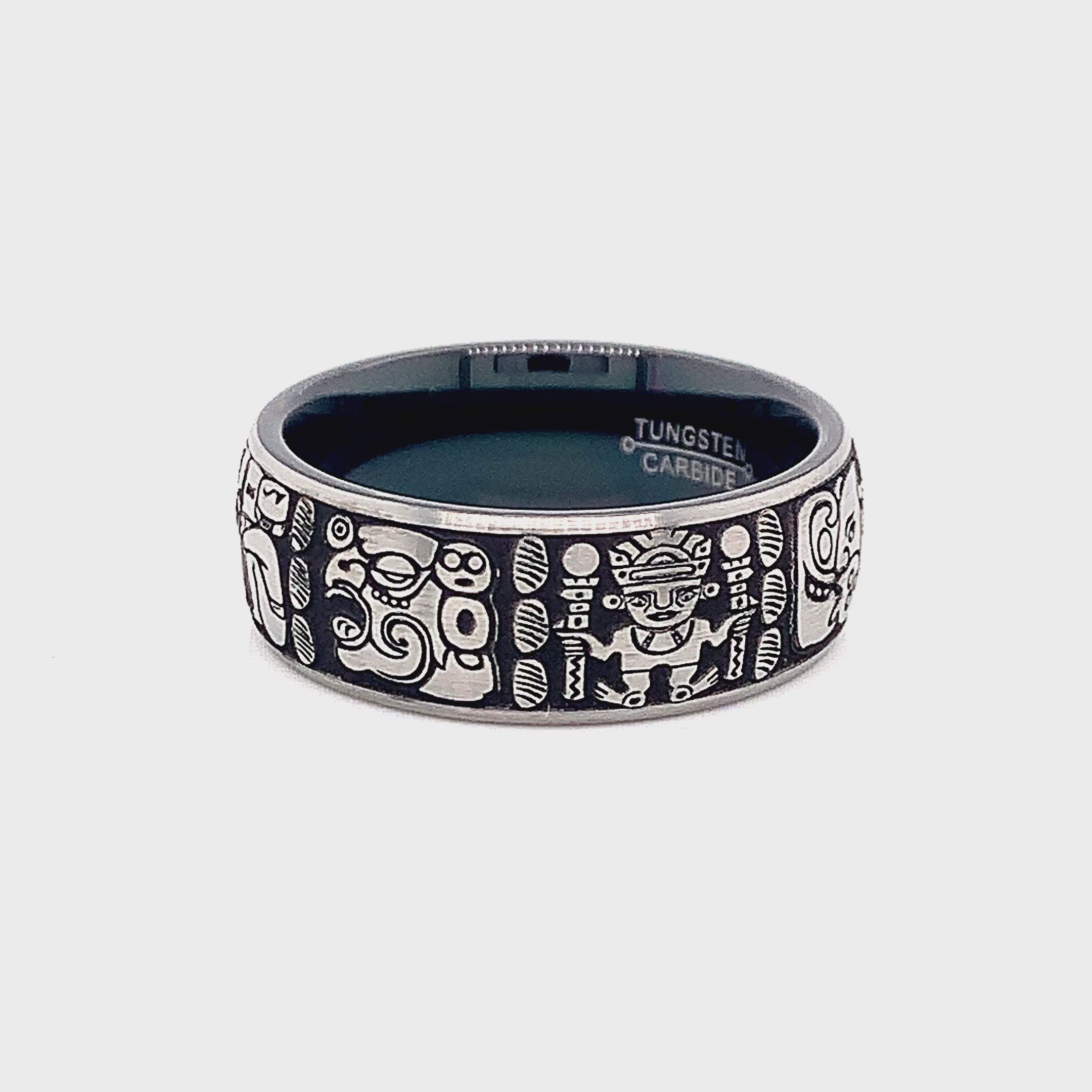 ring, ring on white background, mens wedding band, women's wedding band, 8mm ring, 8mm tungsten band, black plated ring, mayan wedding band, custom wedding band, engraved ring, ring with mayan symbols