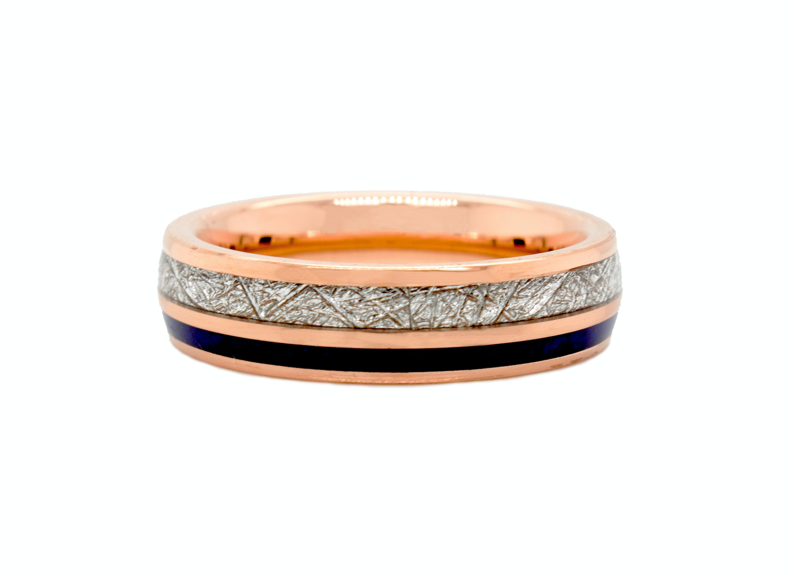 ring, ring on white background, rose gold ring, tungsten ring, rose gold plated ring, ring with navy blue inlay, ring with meteorite inlay, meteorite inlay ring, thin rose gold ring, wedding band, wedding band for men, wedding band for women, custom ring