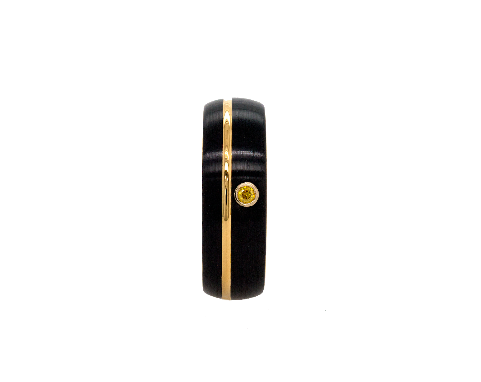 ring, ring with white background, tungsten ring, black ring, yellow gold ring, citrine ring, round shaped citrine, gemstone ring, custom ring, custom wedding band, black yellow gold ring, wedding band, brushed ring