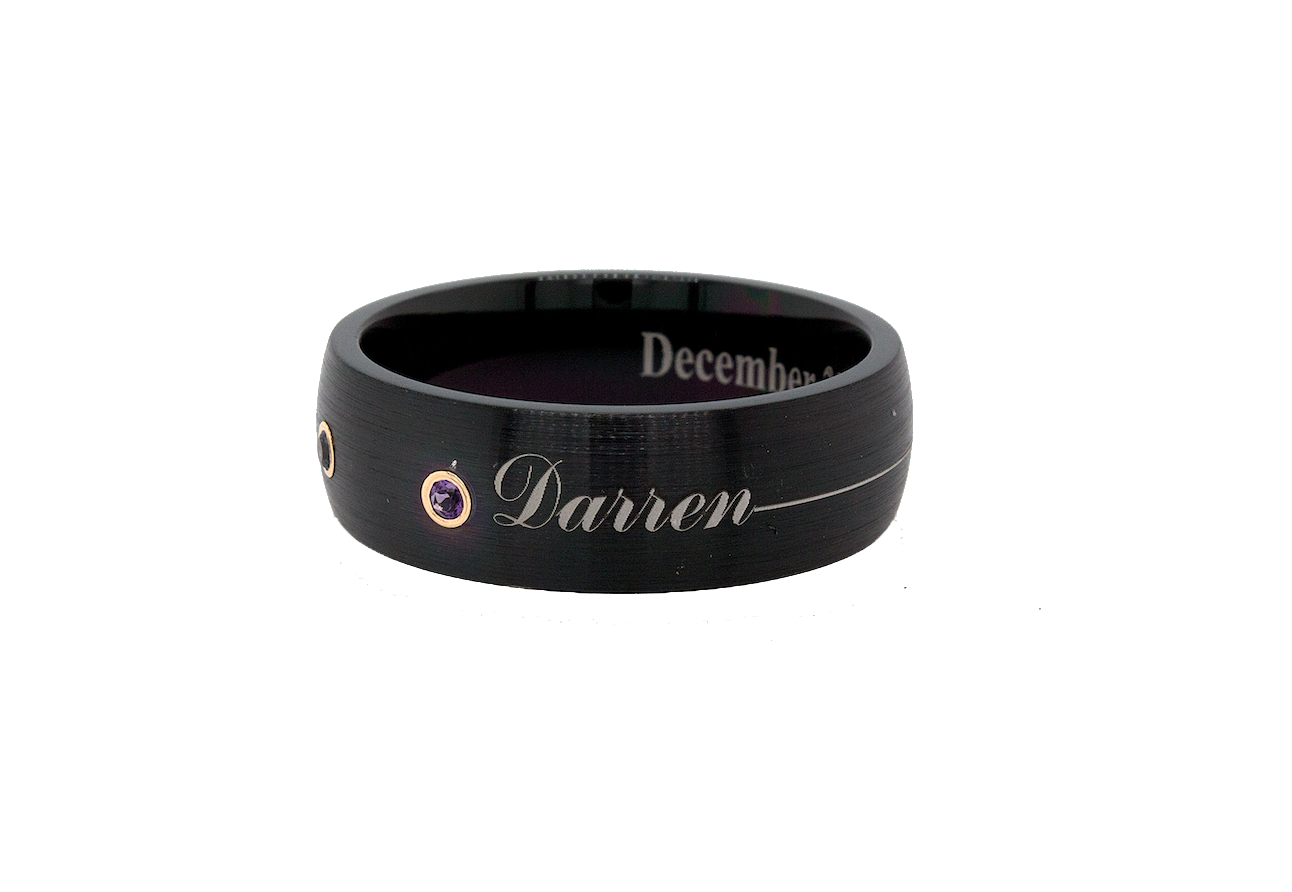 ring, ring on white background, black ring, black plated ring, brushed ring, gemstone ring, engraved ring, ring with name, personalized ring, custom wedding band, engraved ring