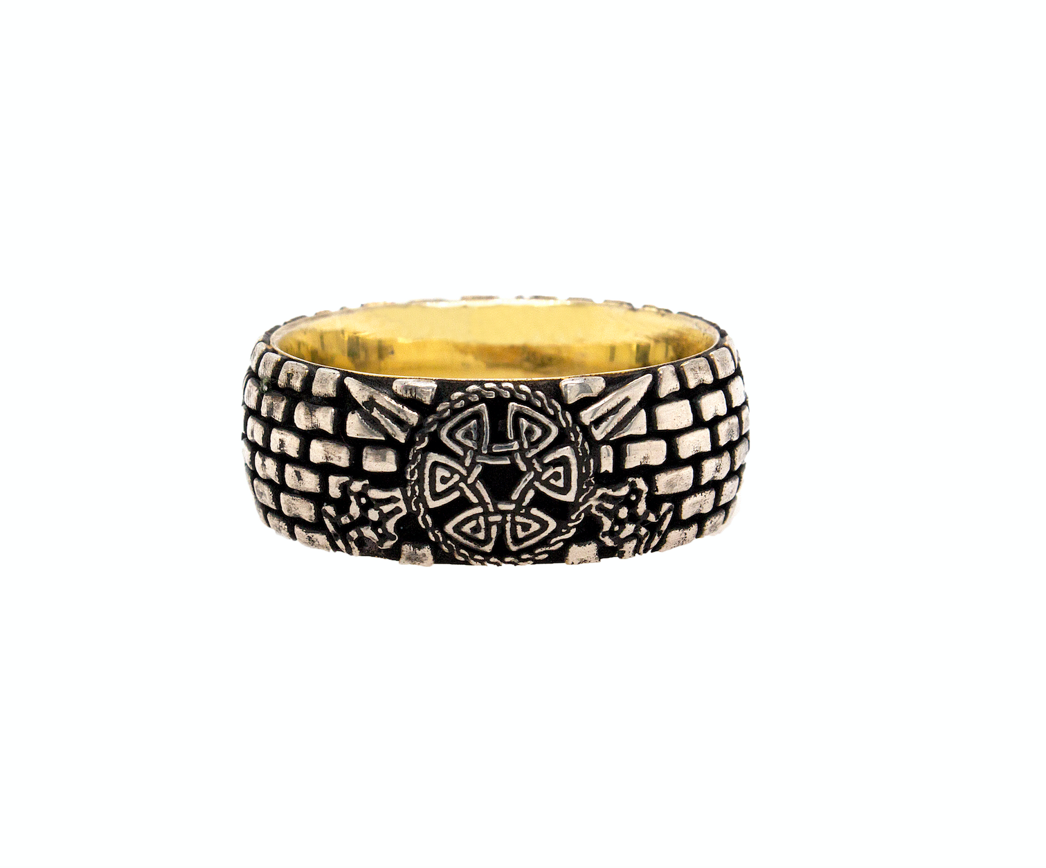 ring, ring on white background, mens rings, women's rings, silver ring, dome shaped ring, 8mm ring, yellow gold plated ring, brick pattern, viking ring, viking symbols, shield, swords, axes, hammer, custom silver ring
