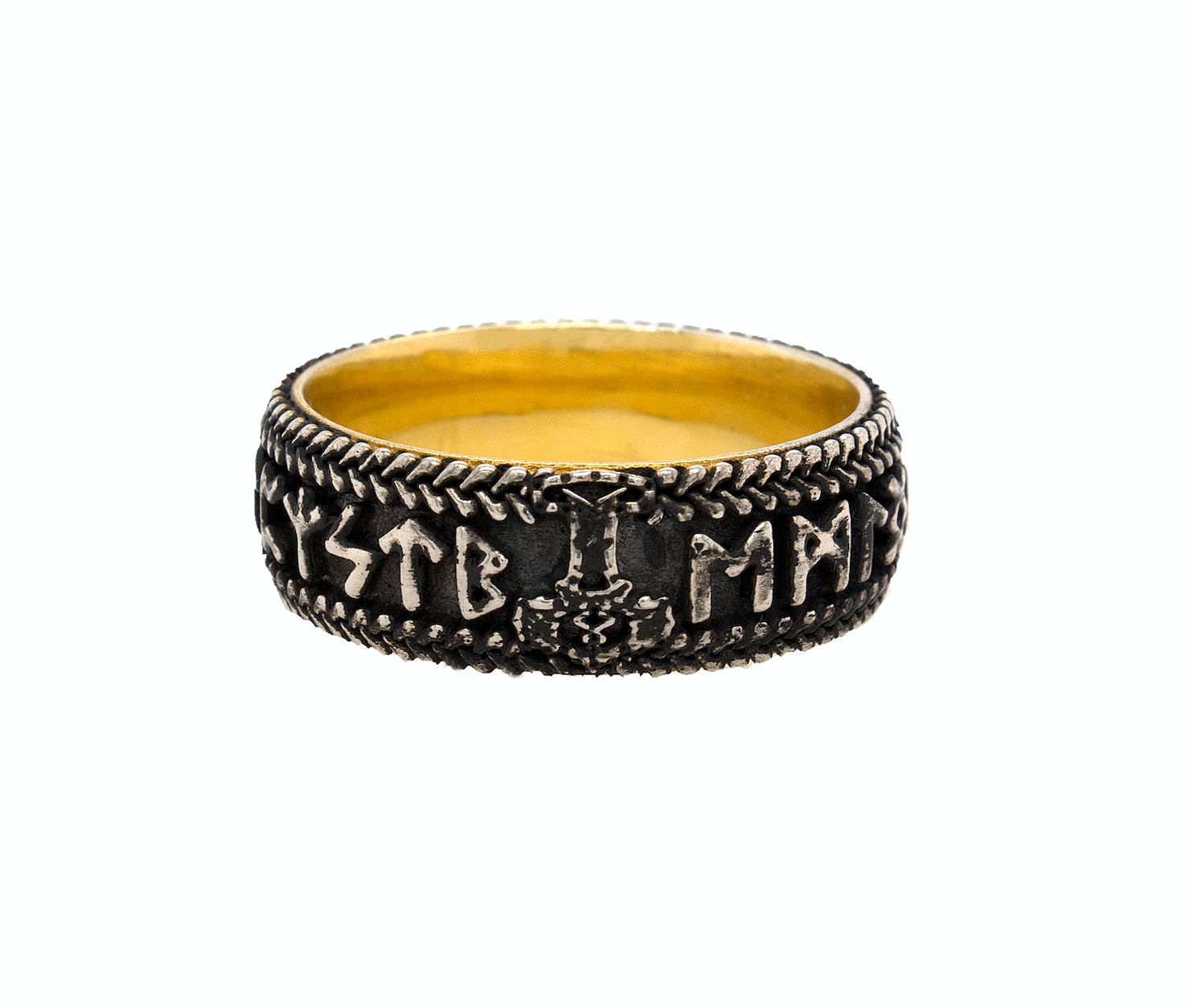 ring, ring on white background, mens ring, women's ring, silver ring, sterling silver ring, oxidized ring, yellow gold plated ring, runes ring, runic ring, custom ring, personalized ring, ring with engraving