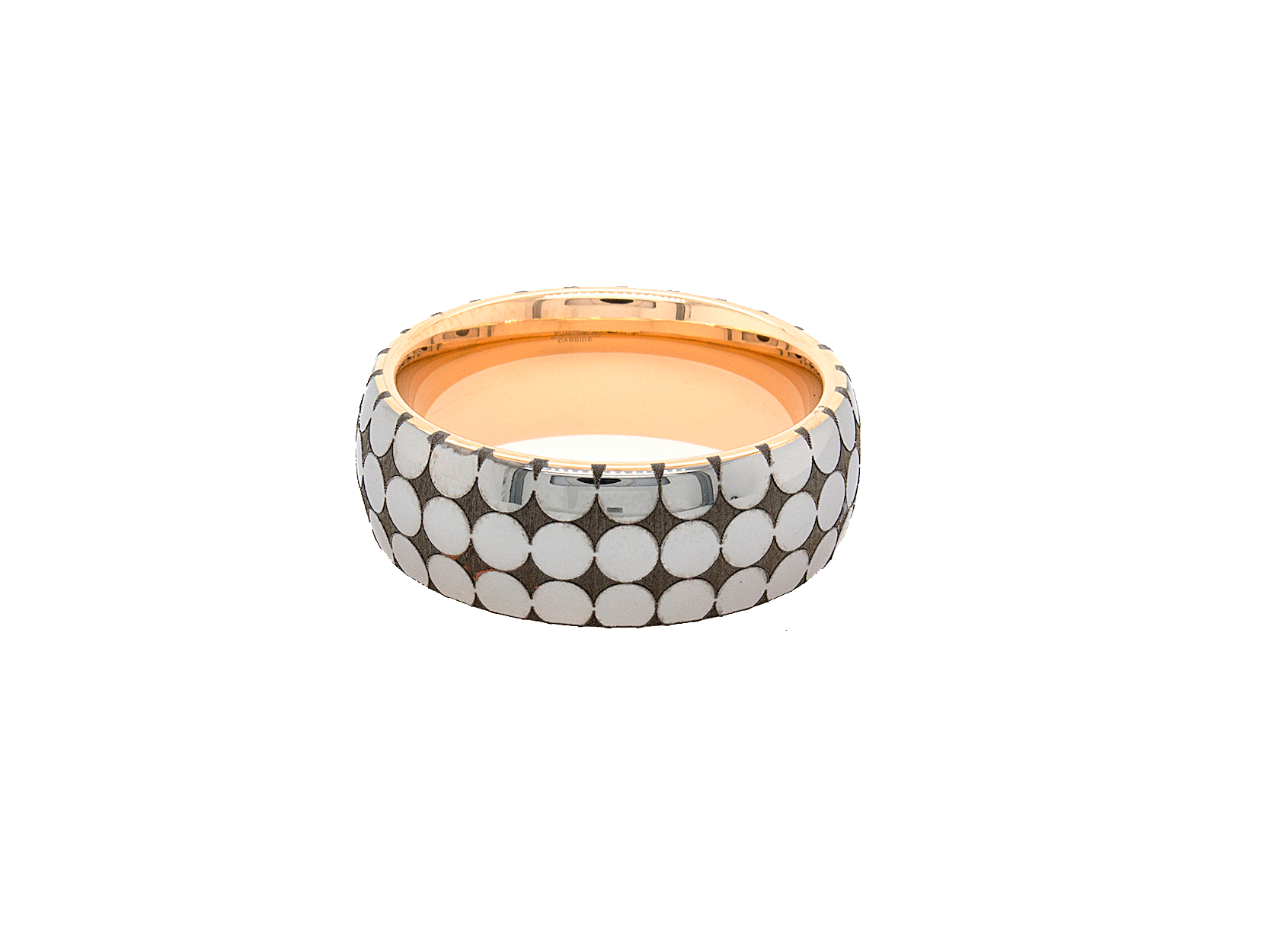 ring, ring on white, tungsten ring, wedding band, rose gold plated tungsten ring, engraved ring, custom wedding band, circle pattern ring, engraved tungsten ring