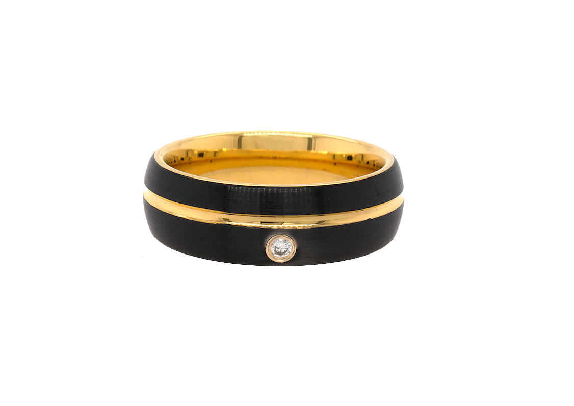 ring, ring on white background, tungsten ring, 8mm ring, dome shaped ring, black tungsten ring, yellow gold plated ring, black ring, yellow gold ring, gemstone ring, diamond ring, diamond wedding band