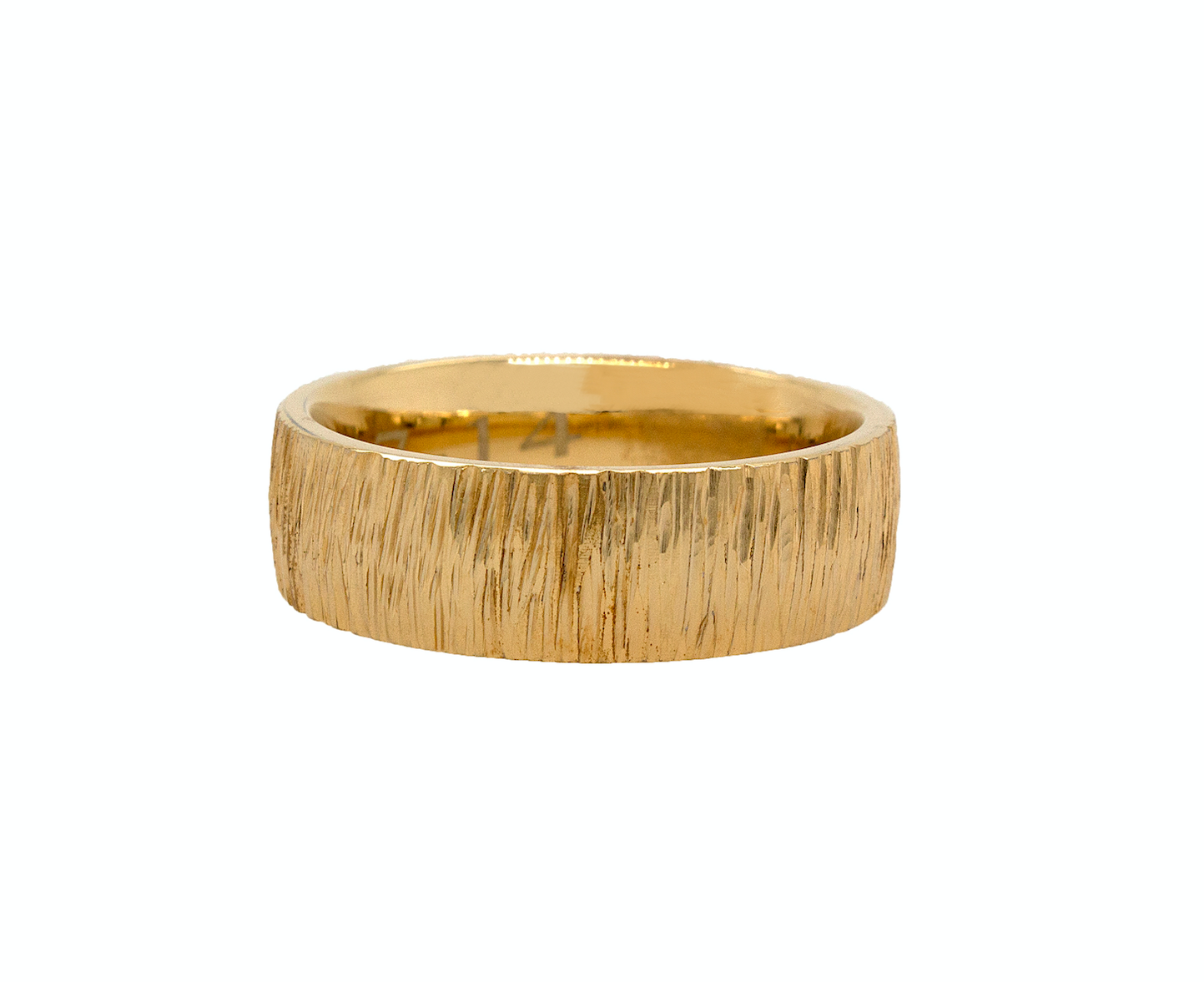 ring, ring on white background, yellow gold ring, dome shaped ring, solid yellow gold ring, tree bark texture, textured ring, tree bark ring, custom ring, mens ring, womens ring, unisex ring, wedding band, wedding band for men, 8mm ring