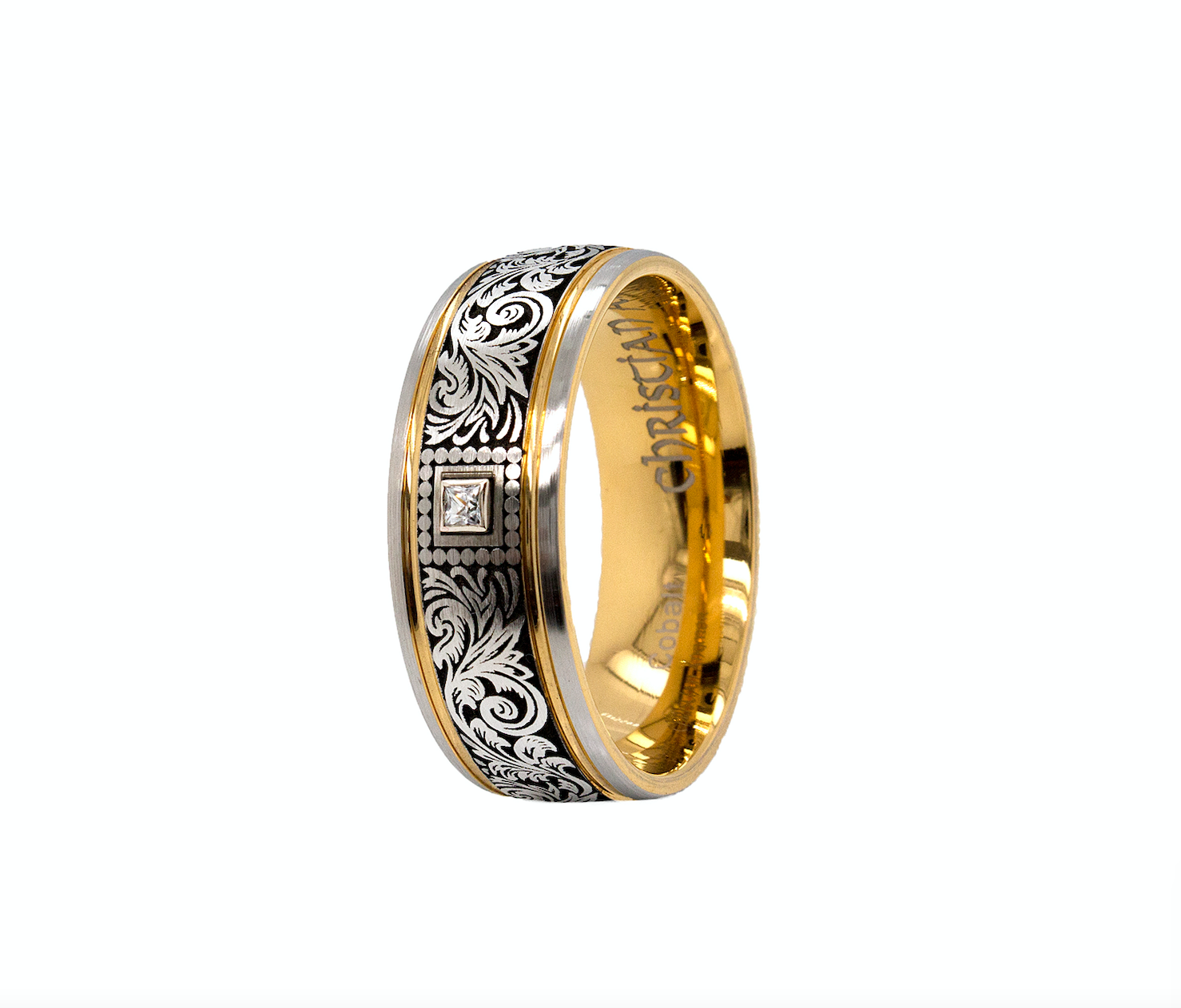 ring, ring on white background, cobalt ring, cobalt wedding band, mens wedding band, womens wedding band, 8mm ring, dome shaped ring, victorian style ring, victorian ring, diamond ring, diamond weddin gband