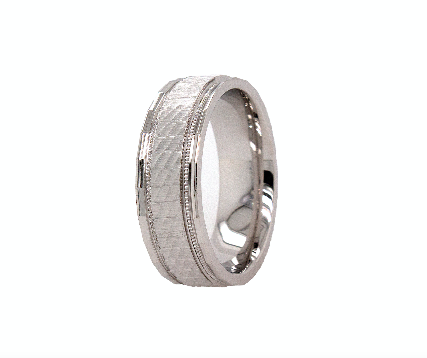 ring, ring on white background, 8mm ring, flat shaped ring, solid gold ring, white gold ring, mens wedding band, womens wedding band, unisex ring, shimmery pattern, milgrain engraving, unisex ring, stackable ring