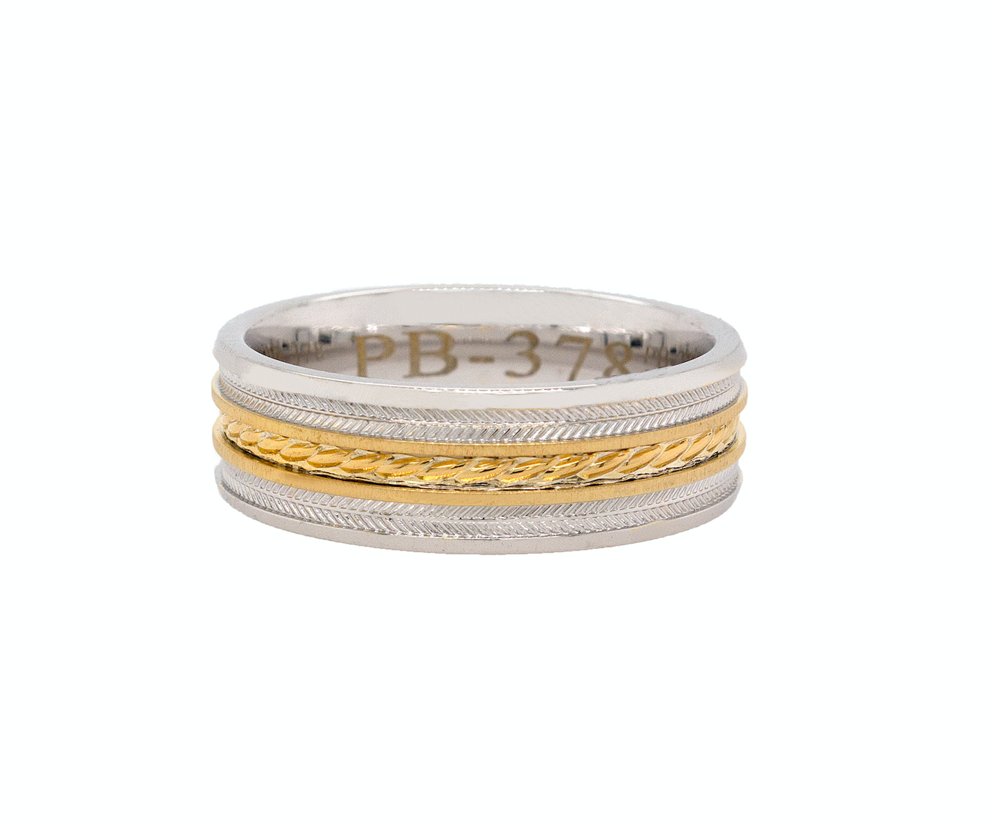 ring, ring on white background, solid gold ring, white gold ring, yellow gold ring, textured ring, engraved ring, two-toned ring, wedding band, flat shaped ring, mens wedding band, womens wedding band, unisex ring