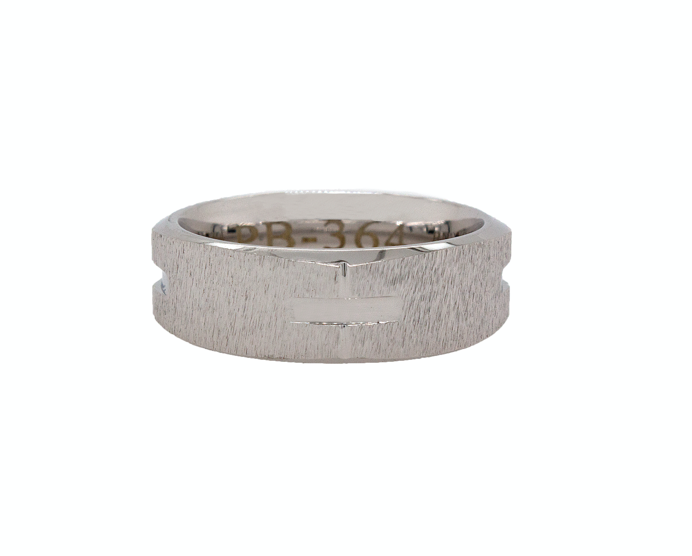 ring, ring on white background, brushed ring, grooved ring, vertical grooves, scratched texture, textured ring, ring with corners, white gold ring, mens wedding band, womens wedding band, unisex ring