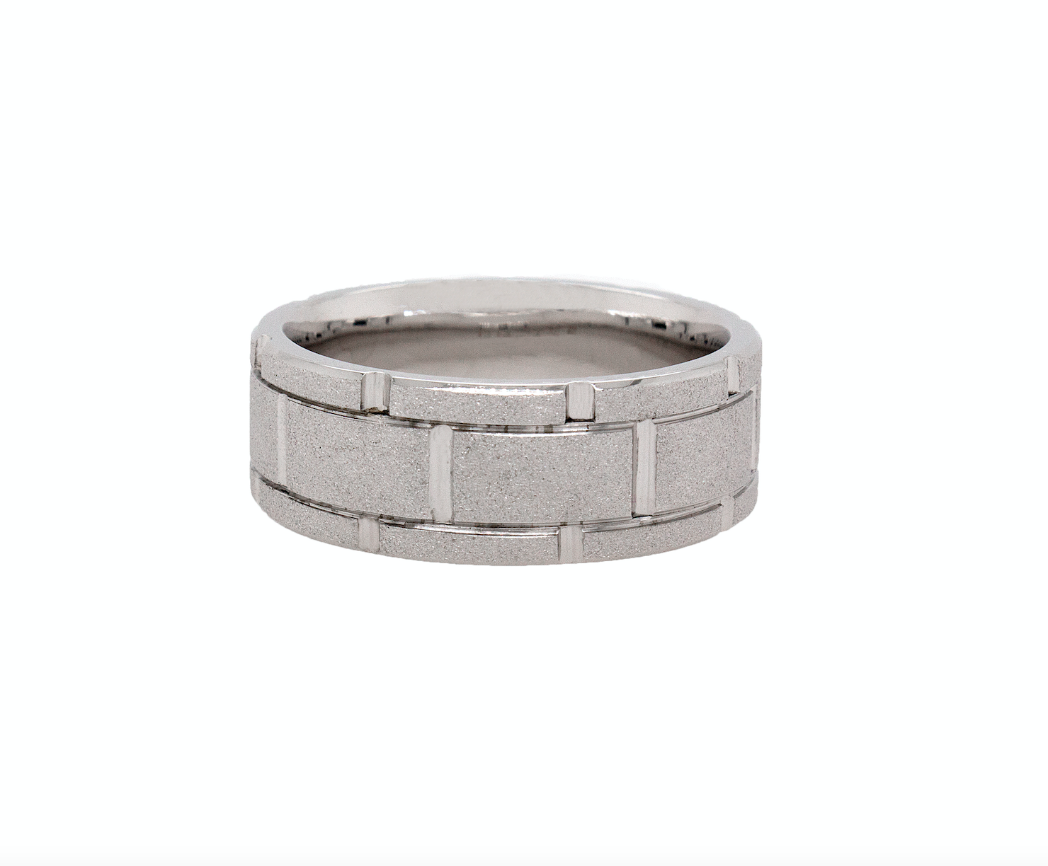8mm, Custom Made, Flat Shaped, Solid White Gold Ring with Grooved Patterns and Laser Texture Exterior