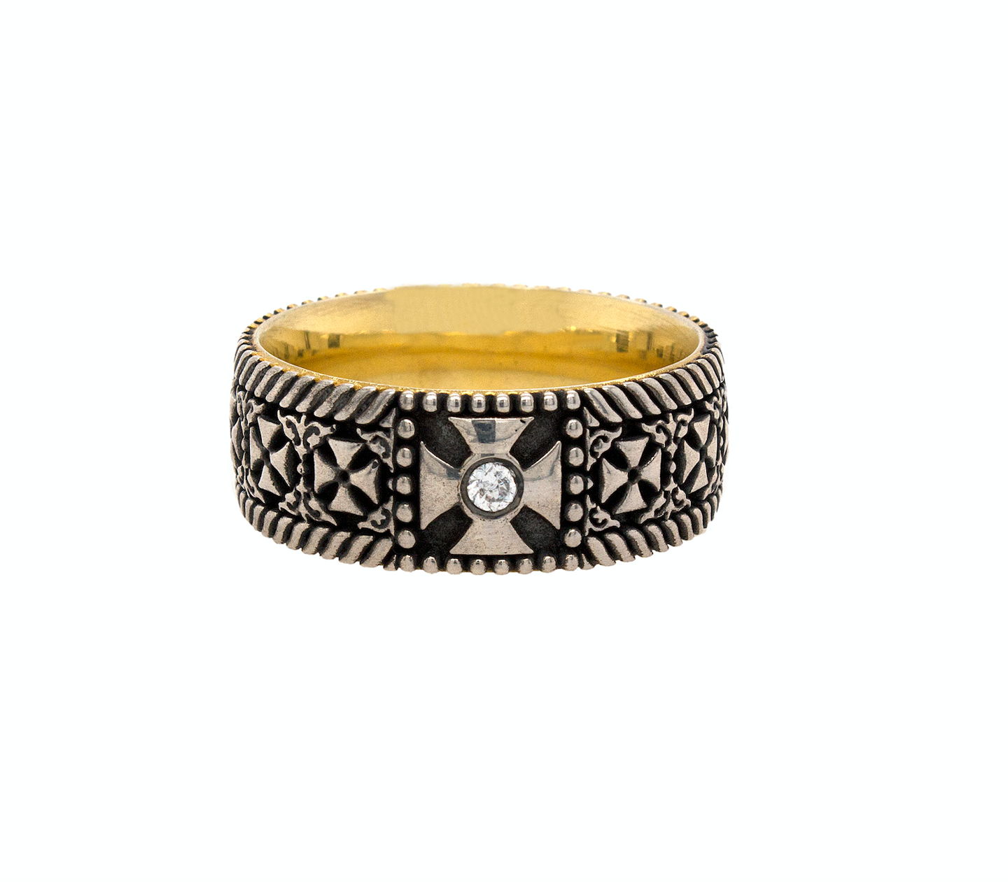 ring, ring on white background, sterling silver ring, yellow gold plate ring, oxidized silver ring, cross ring, ring with crosses, diamond ring, ring with diamond, celtic cross ring, mens ring, women's ring, celtic ring