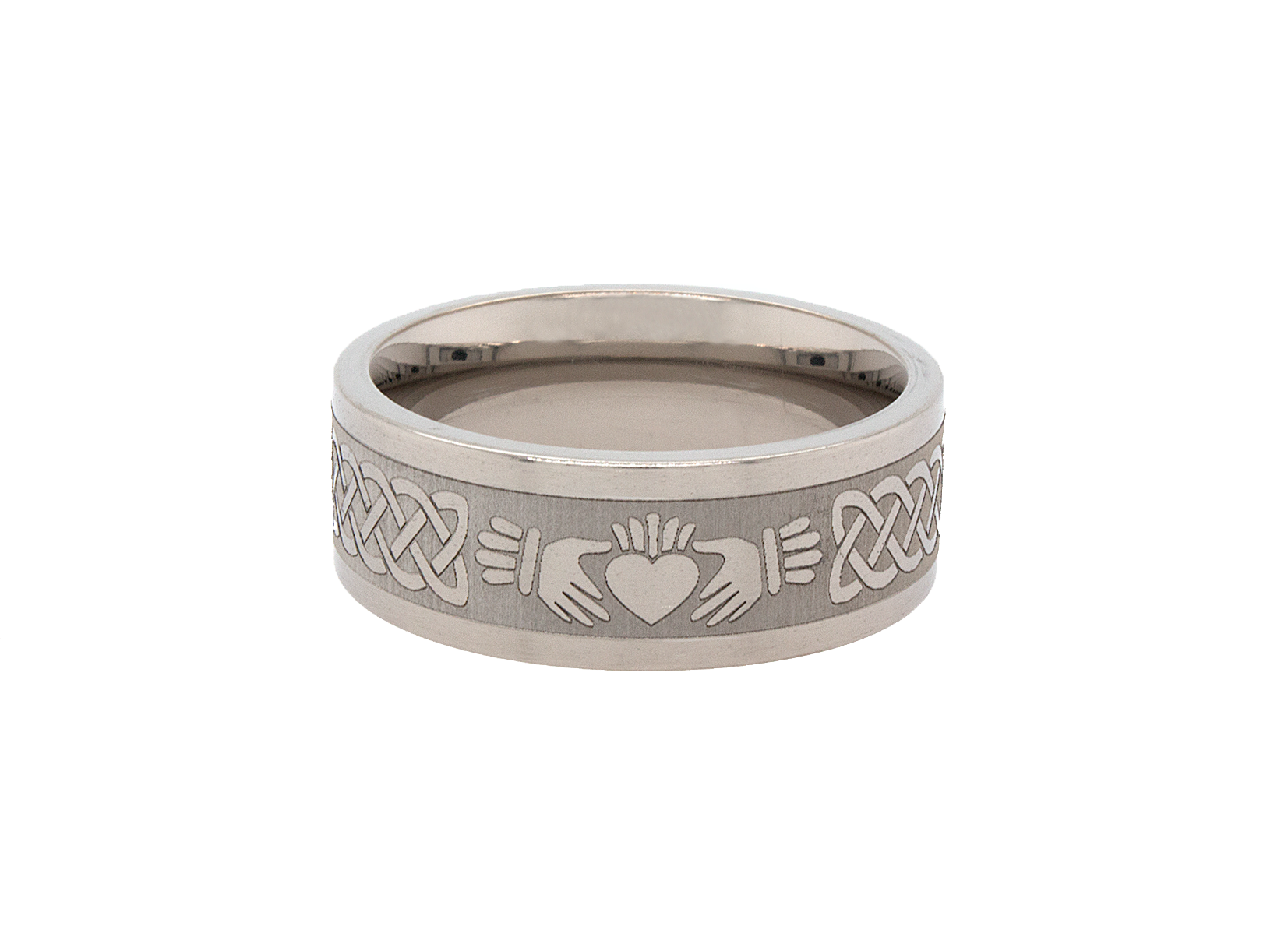 ring, ring on white background, titanium ring, silver color ring, matte exterior, polished edges and interior, celtic knot engraving, irish claddagh ring, irish claddagh engraving, custom wedding band, personalized wedding band, irish ring, mens wedding band, women's wedding band