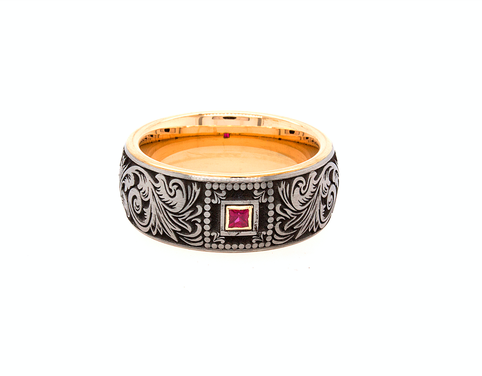8mm ring, ring, ring on white background, rose gold ring, victorian wedding band, tungsten ring, rose gold plated ring, ruby ring, square shaped ruby, wedding band, women's wedding band, victorian ring, custom ring, engraved ring